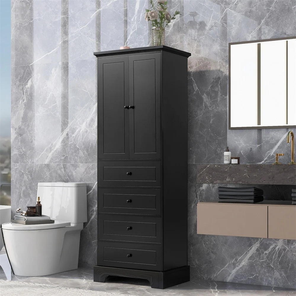 Wooden Storage Cabinet with 2 Doors and 4 Drawers, Adjustable Shelf