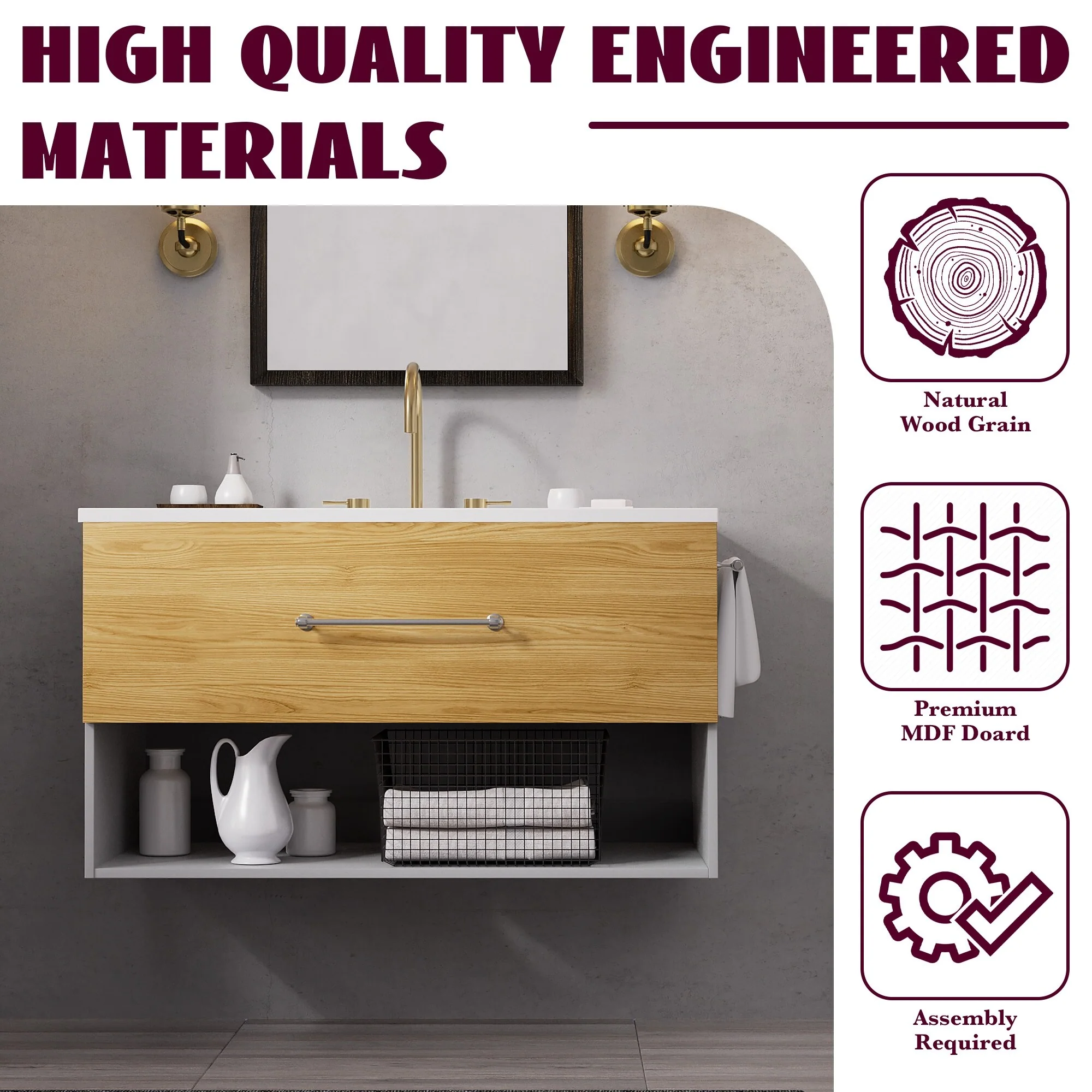 36-Inch Minimalist MDF Bathroom Vanity with Sink – Sleek and Simple Design for Modern Spaces