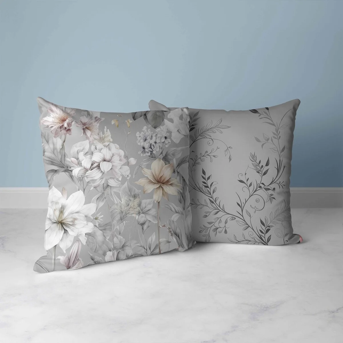 Grey And White Wildflower Whimsy Faux Suede Throw Pillow Zipper