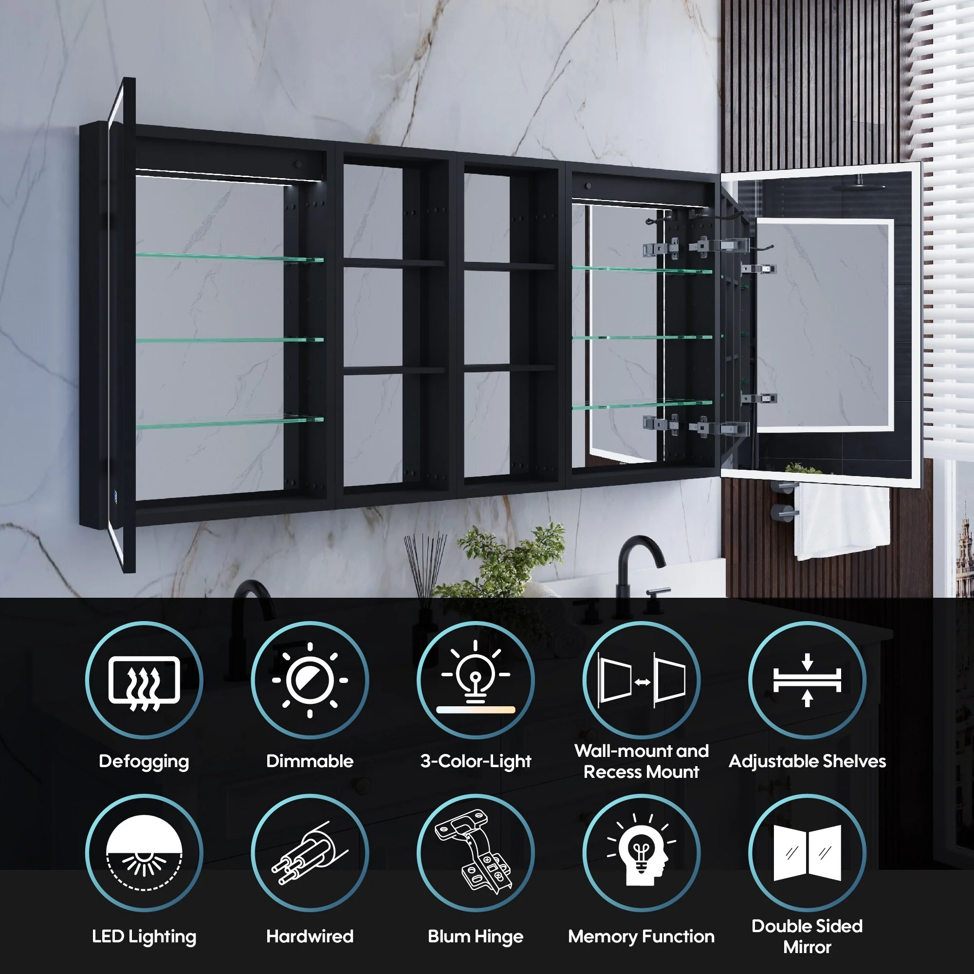 30 in. H Recessed or Surface Wall Mounted LED Mirror Cabinet With Black Side Cabinet