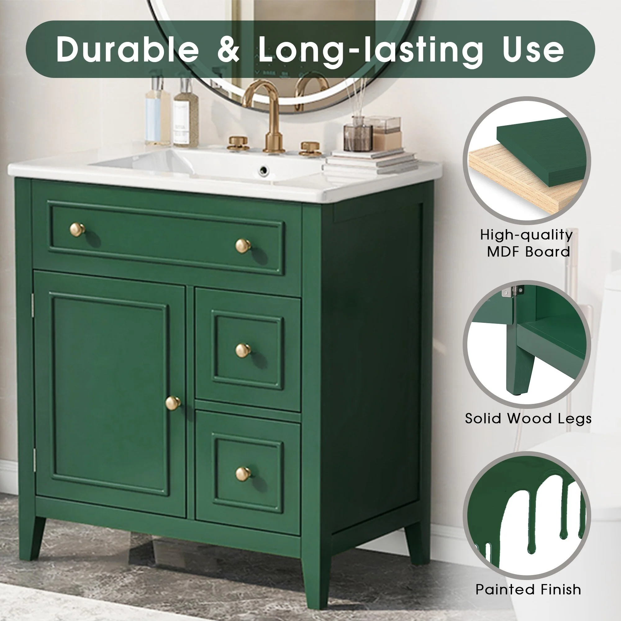 30'' Solid Wood Bathroom Vanity with Cabinet, 2 Drawers, and Ceramic Sink