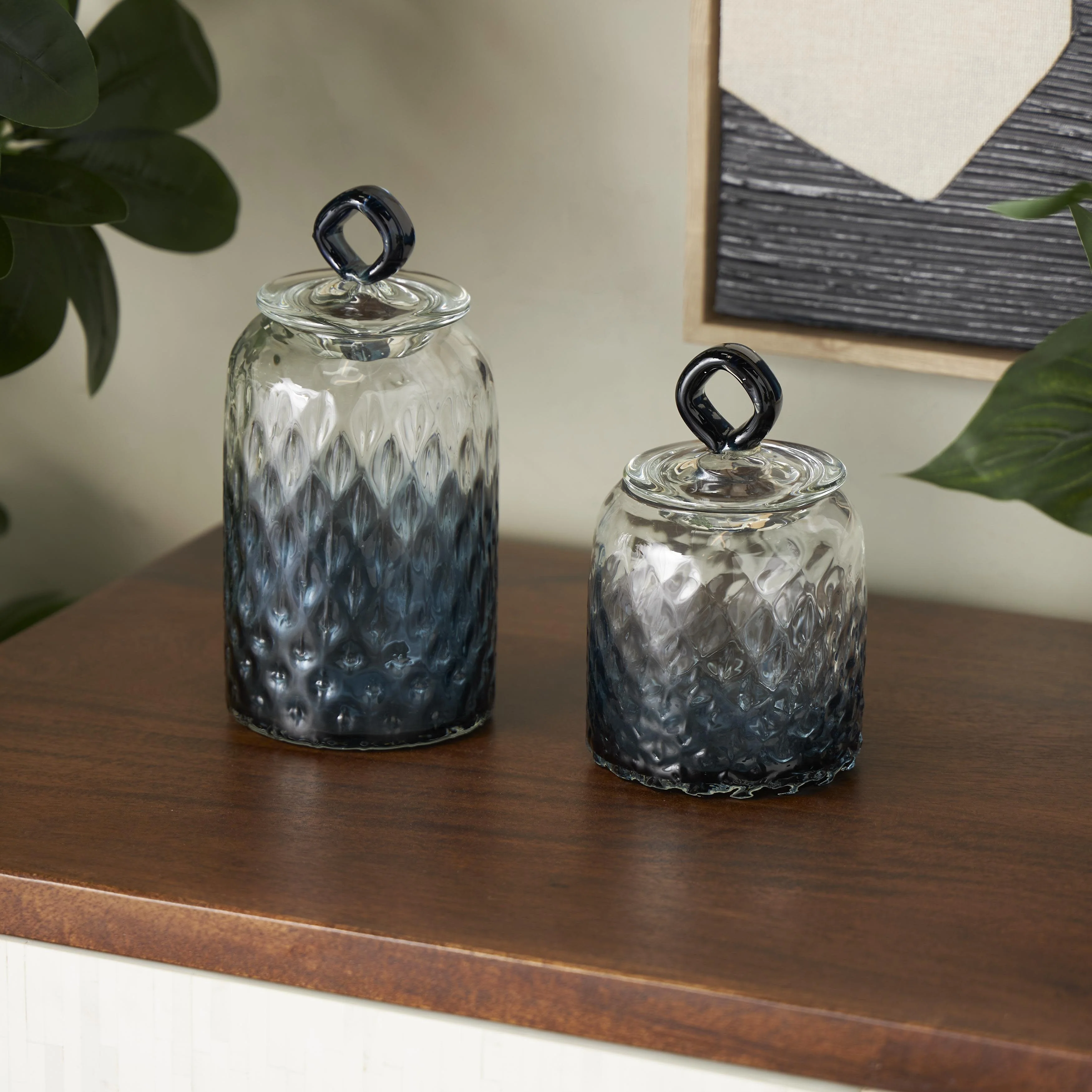 Glass Geometric Faceted Ombre Living Room Decorative Jars with Diamond Knobs - Set of 2 Dark Blue - Roche River Decor