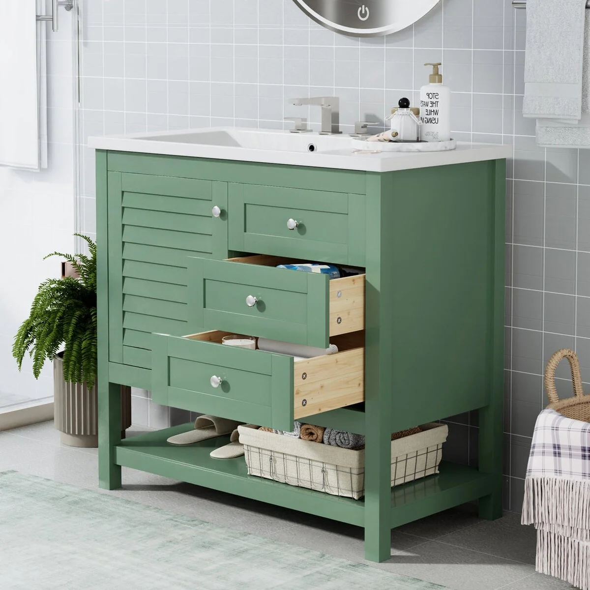 36 inch MDF Freestanding Bathroom Vanity in Green without Counter Top