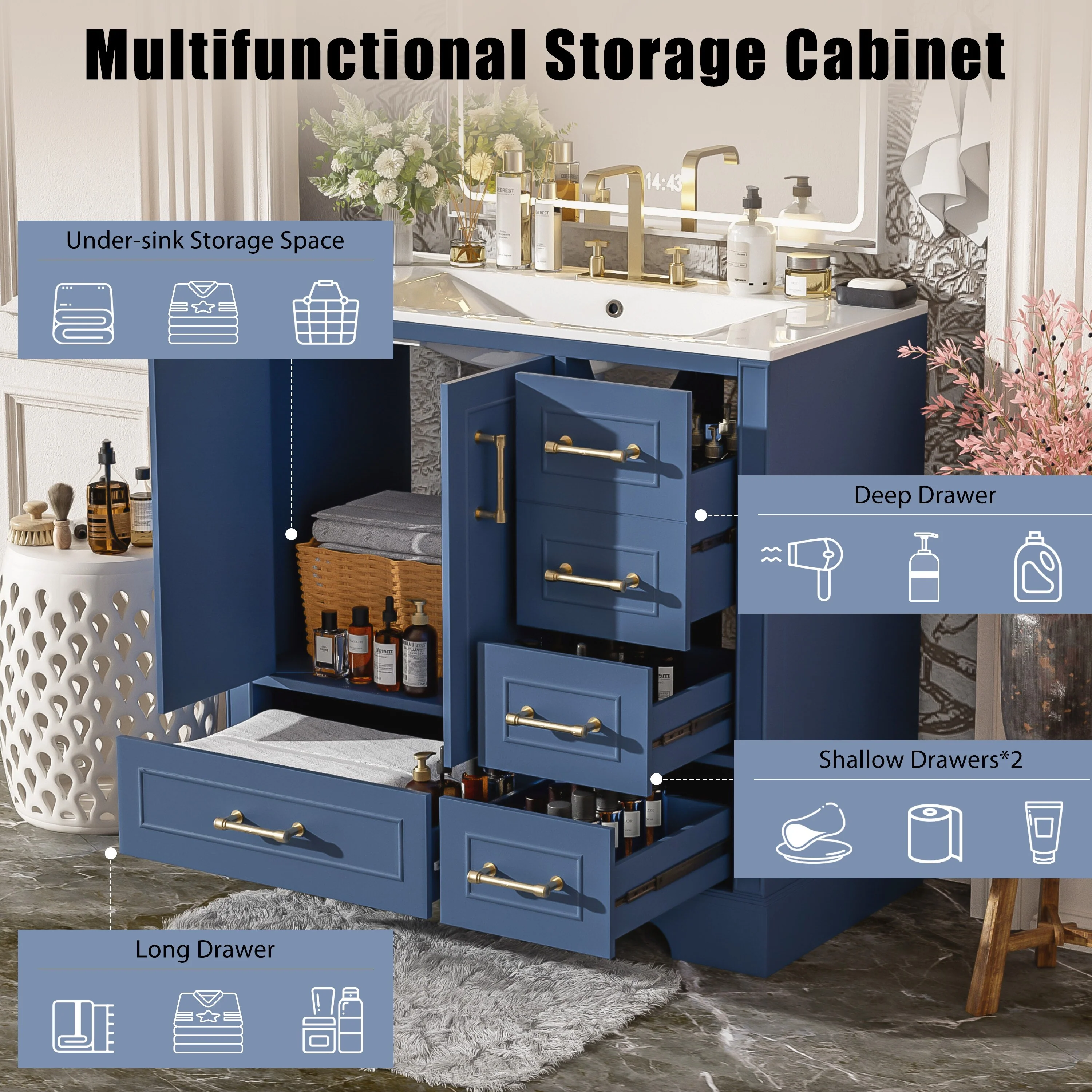 Bathroom Vanity with Resin Sink, Bathroom Vanity Set with 4 Drawers, Bathroom Storage Cabinet with 2 Soft Close Doors
