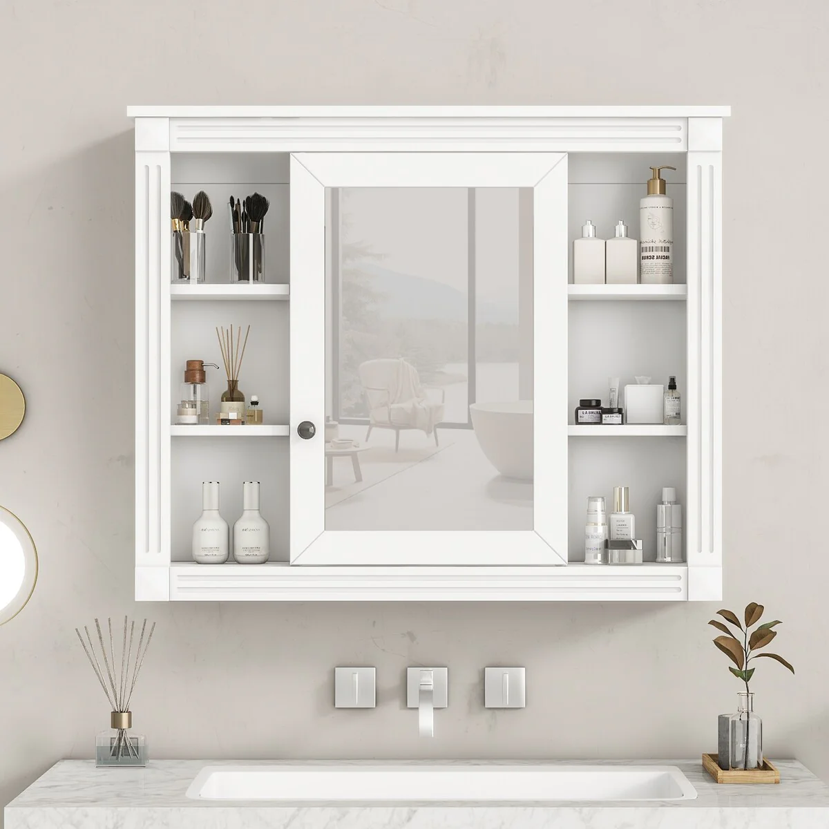 Wall Mounted Bathroom Storage Cabinet,Wall Cabinet with Mirror,Mirror Cabinet with 6 Open Shelves(Not Include Bathroom Vanity )
