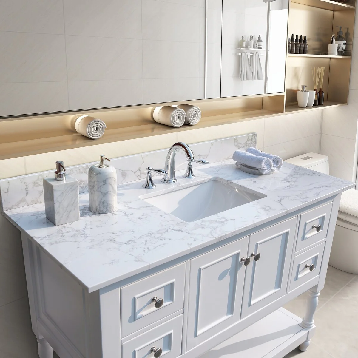 31 in./ 37 in./ 43 in./ 49 in. Carrara White Engineered Stone Bathroom Vanity Top with Ceramic Sink