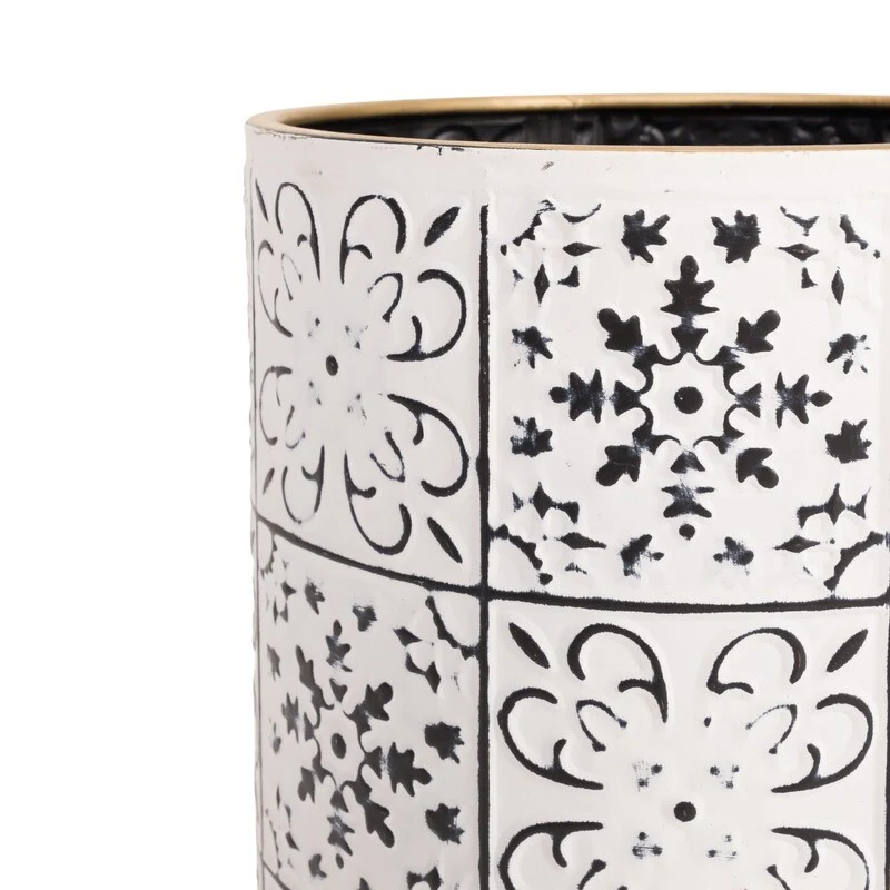 Tristan White & Black Indoor Metal Pot Planter With Kinsley Wood Base Set - 12