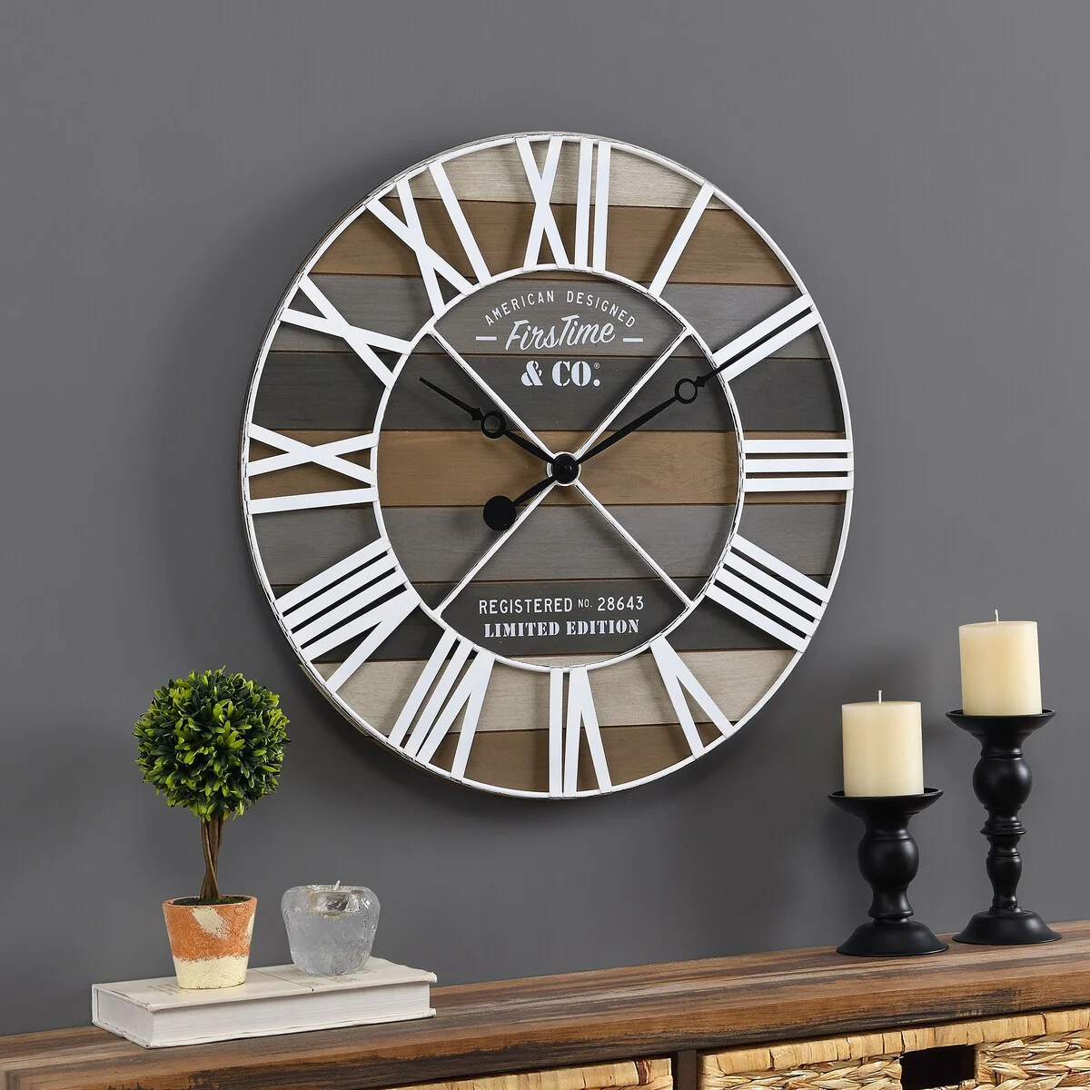FirsTime & Co. Gray Maritime Farmhouse Planks Clock, American Crafted, Gray, Wood, 24 x 2 x 24 in