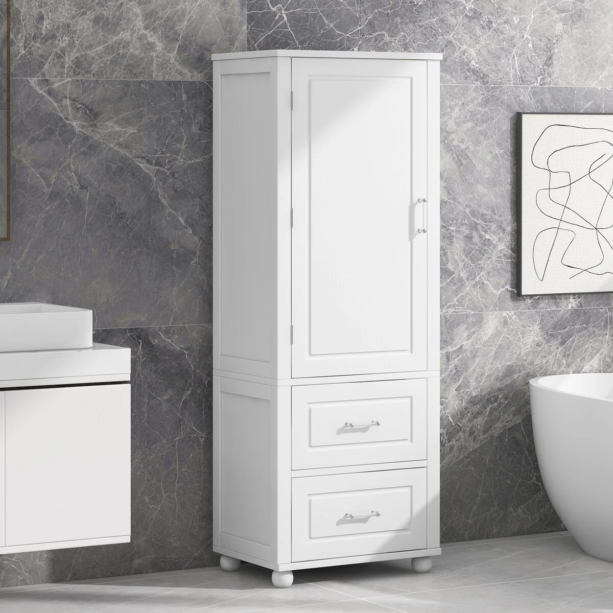 Freestanding Tall Bathroom Storage Cabinet with Door, 2 Drawers and Adjustable Shelf