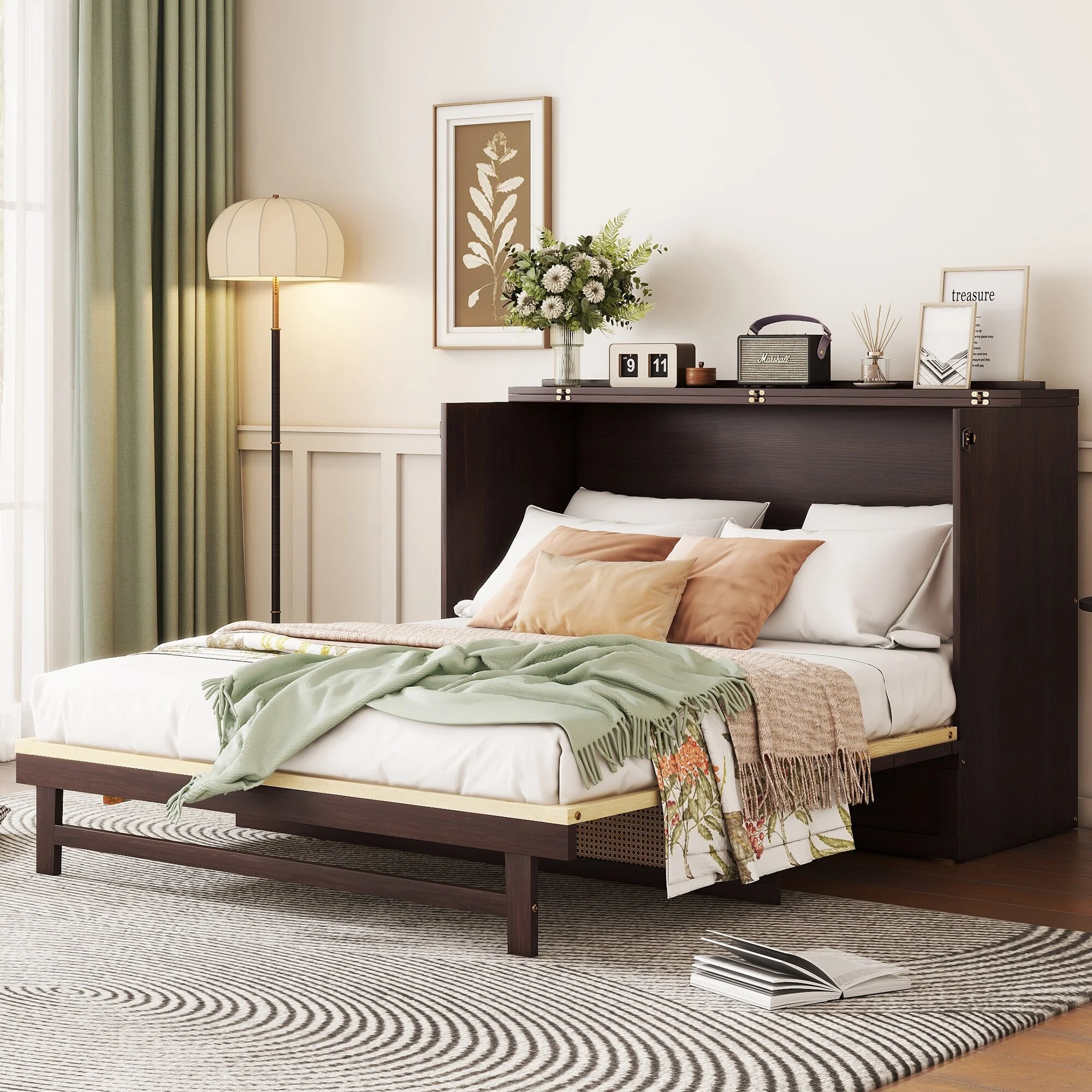 Cube Wall Cabinet Bed Queen Size Folding Bed Pine Wood Murphy Bed Cabinet with Rattan Decoration and Large Storage Drawer
