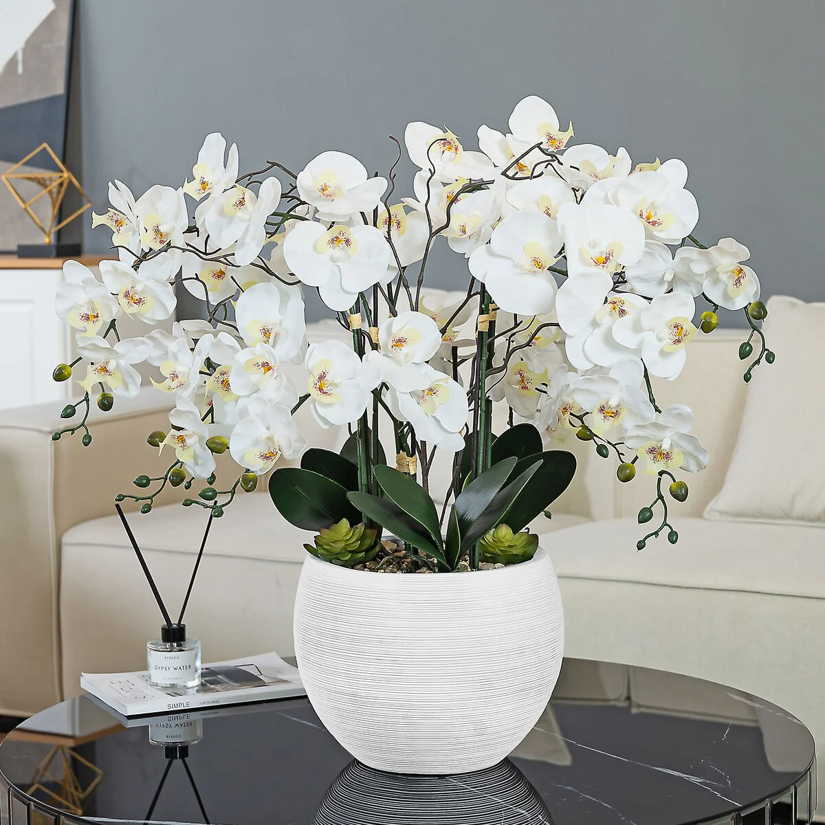 9 Stems Nearly Natural White Phalaenopsis Orchids with Succulents in White Magnesium Oxide Pot - 36.22