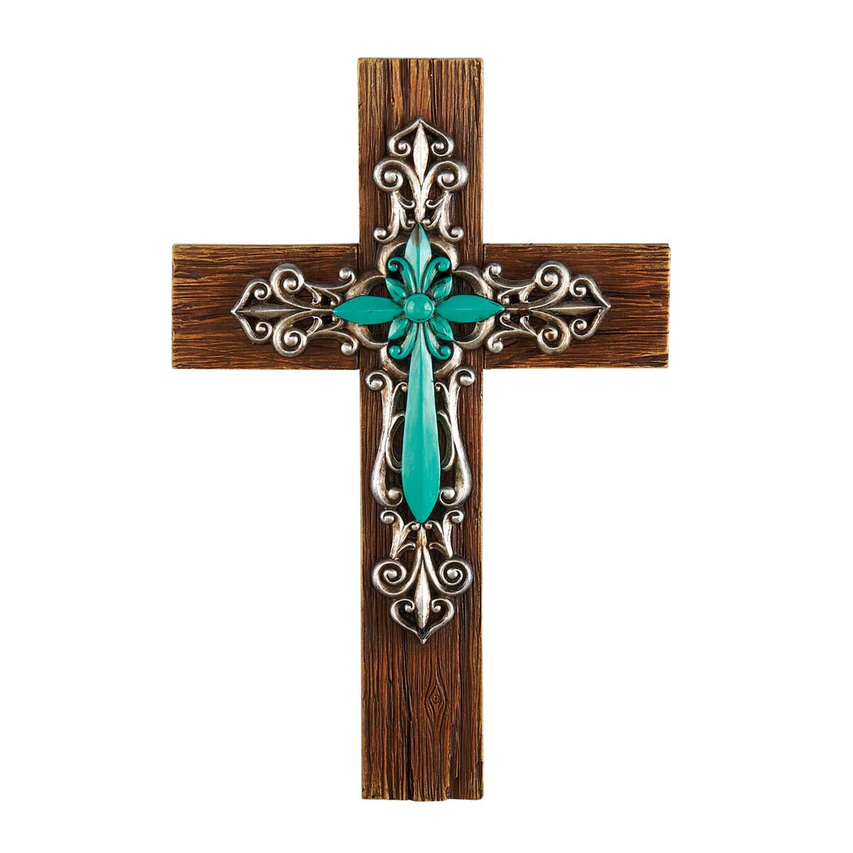 Wood Grain Texture Turquoise Scrolling Silver Wall Cross