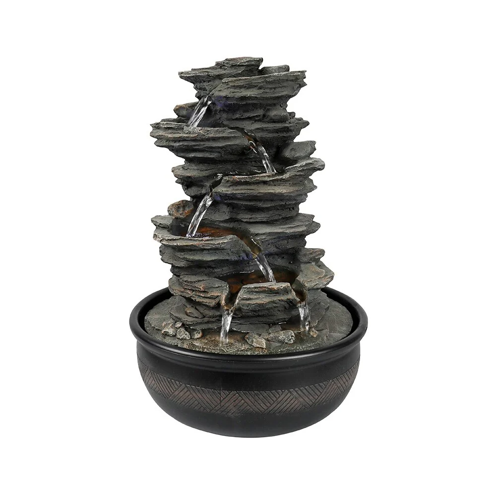 15.7 inches High Rock Falls Tabletop Water Fountain with LED Lights