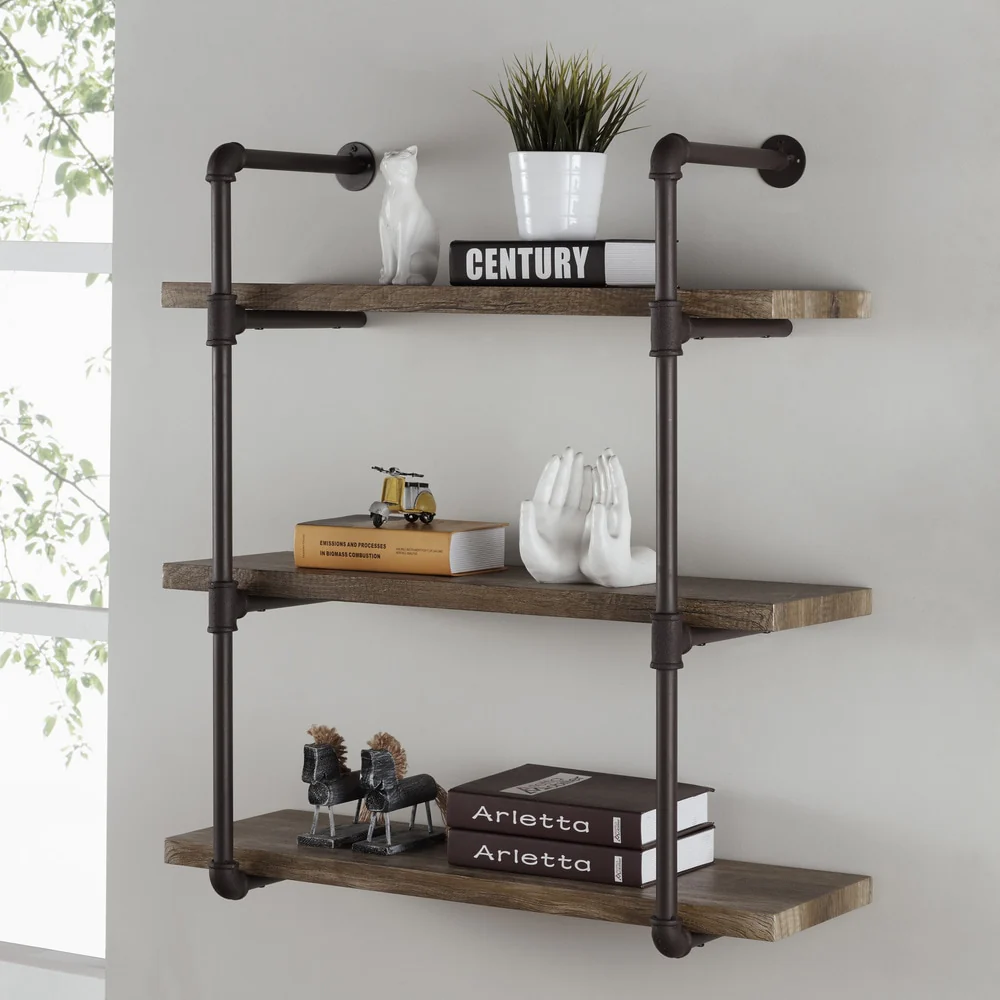 Danya B. 3-tier Faux Wood Industrial Pipe Wall Shelf