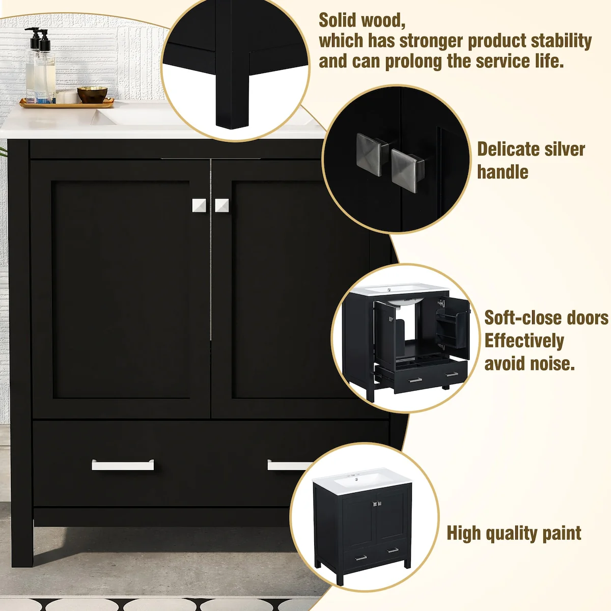 Bathroom Vanity with Single Sink, 2 Soft Closing Doors and 1 Drawer
