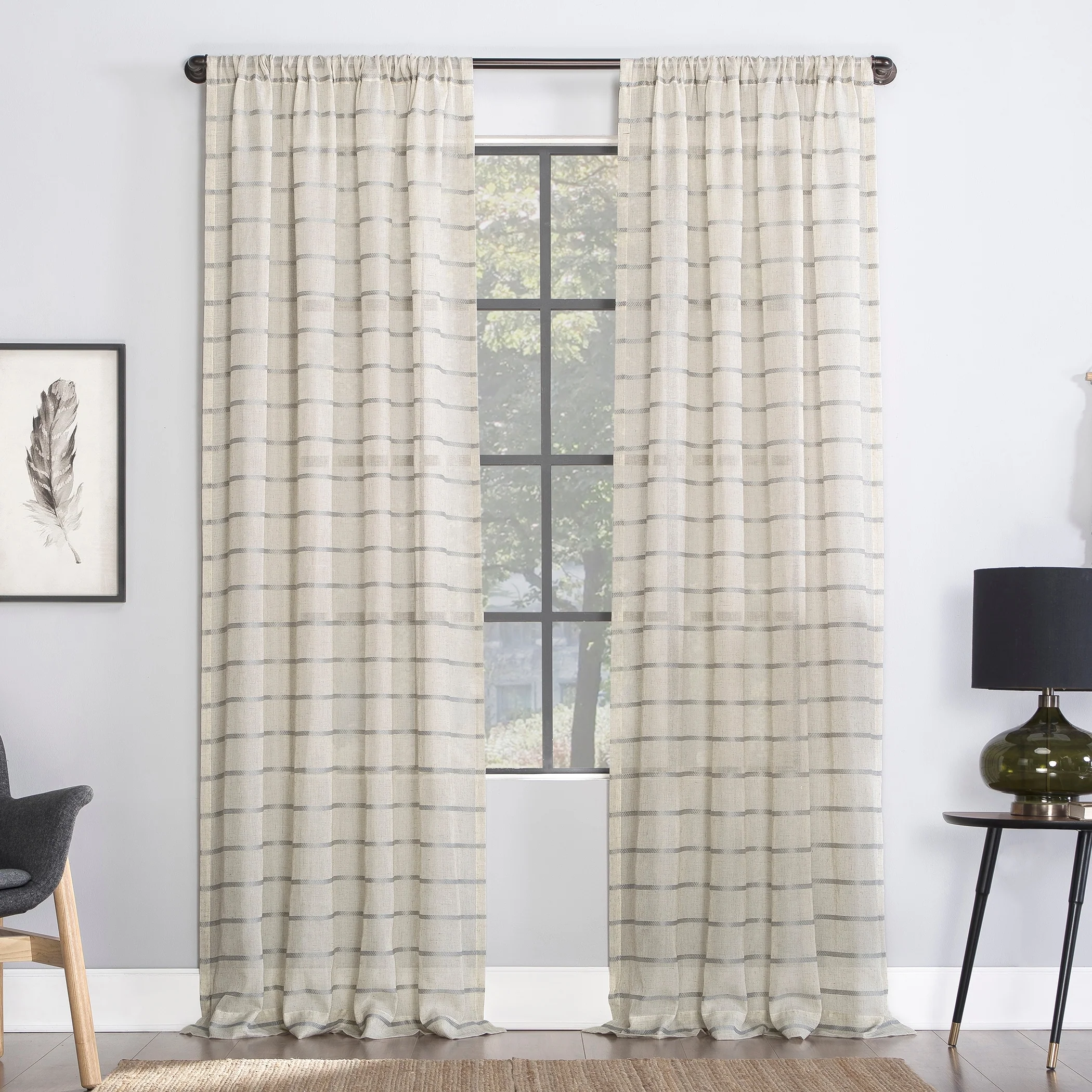 Clean Window Twill Stripe Anti-Dust Linen Blend Sheer Curtain Panel, Single Panel