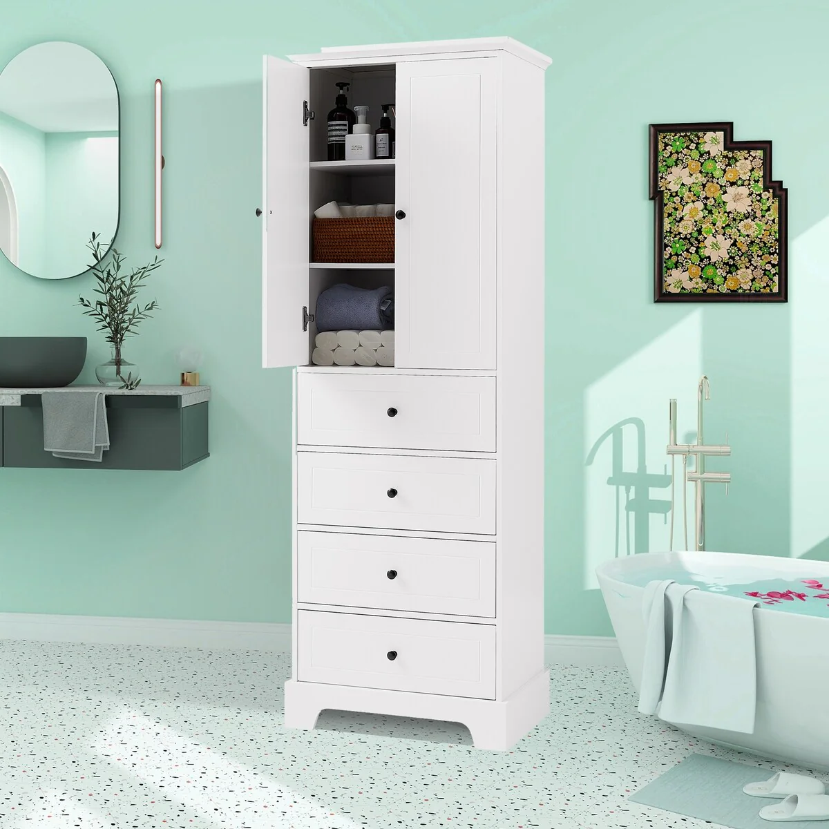 Freestanding Storage Cabinet with 2 Doors and 4 Drawers