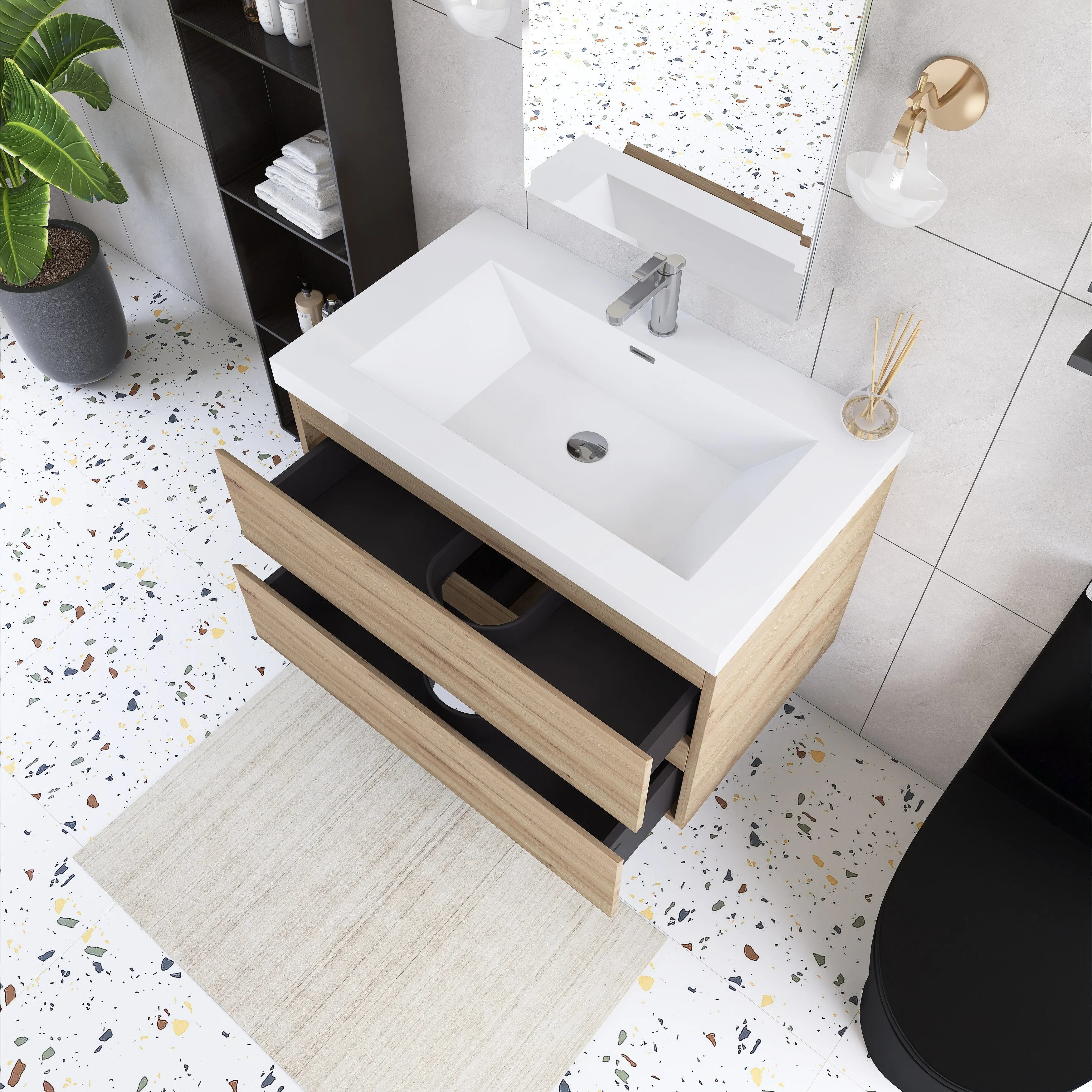 Angela Wall Mounted Bathroom Vanity in F. Oak with White Cultured Marble Top