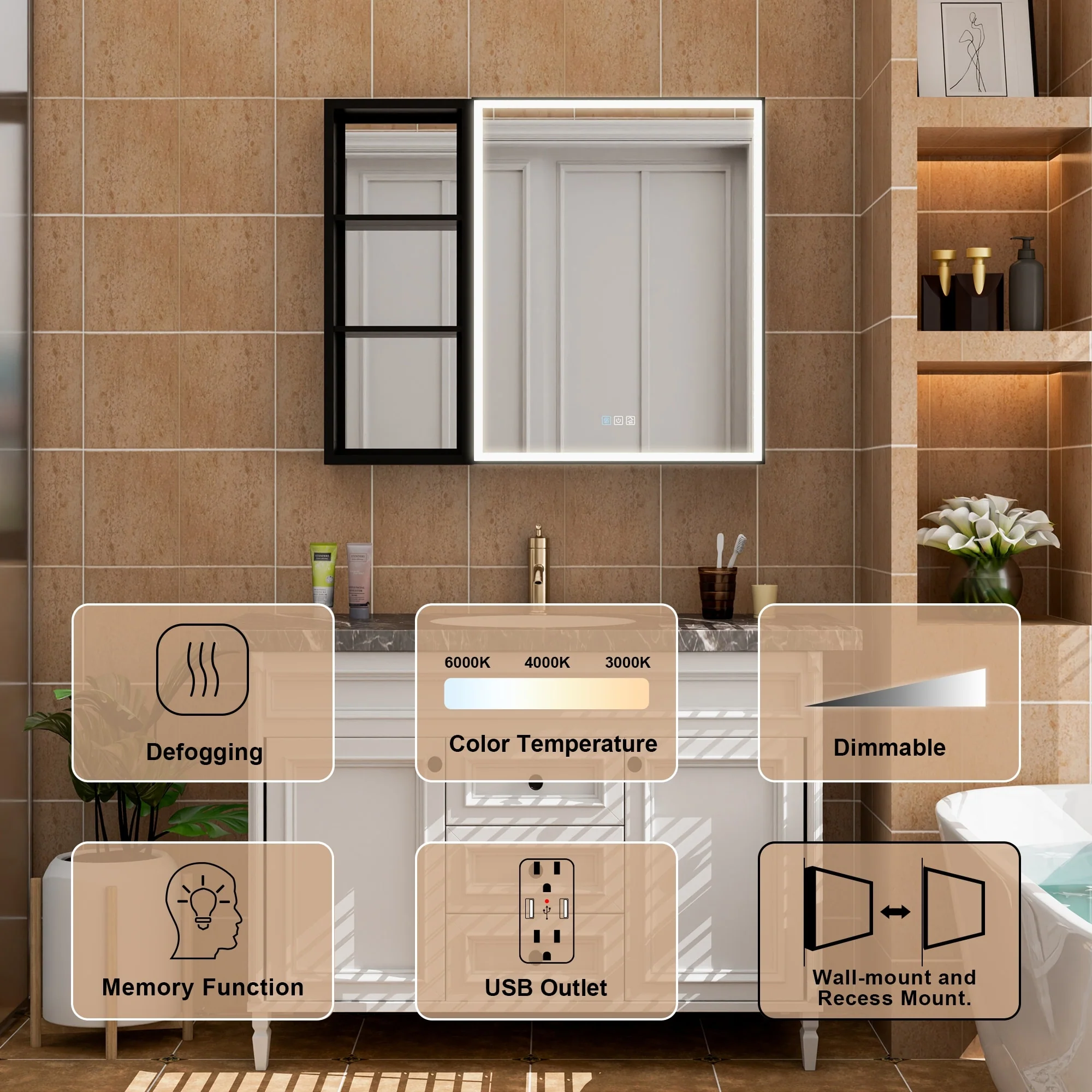 30 in. H Recessed or Surface Wall Mounted LED Mirror Cabinet With Black Side Cabinet