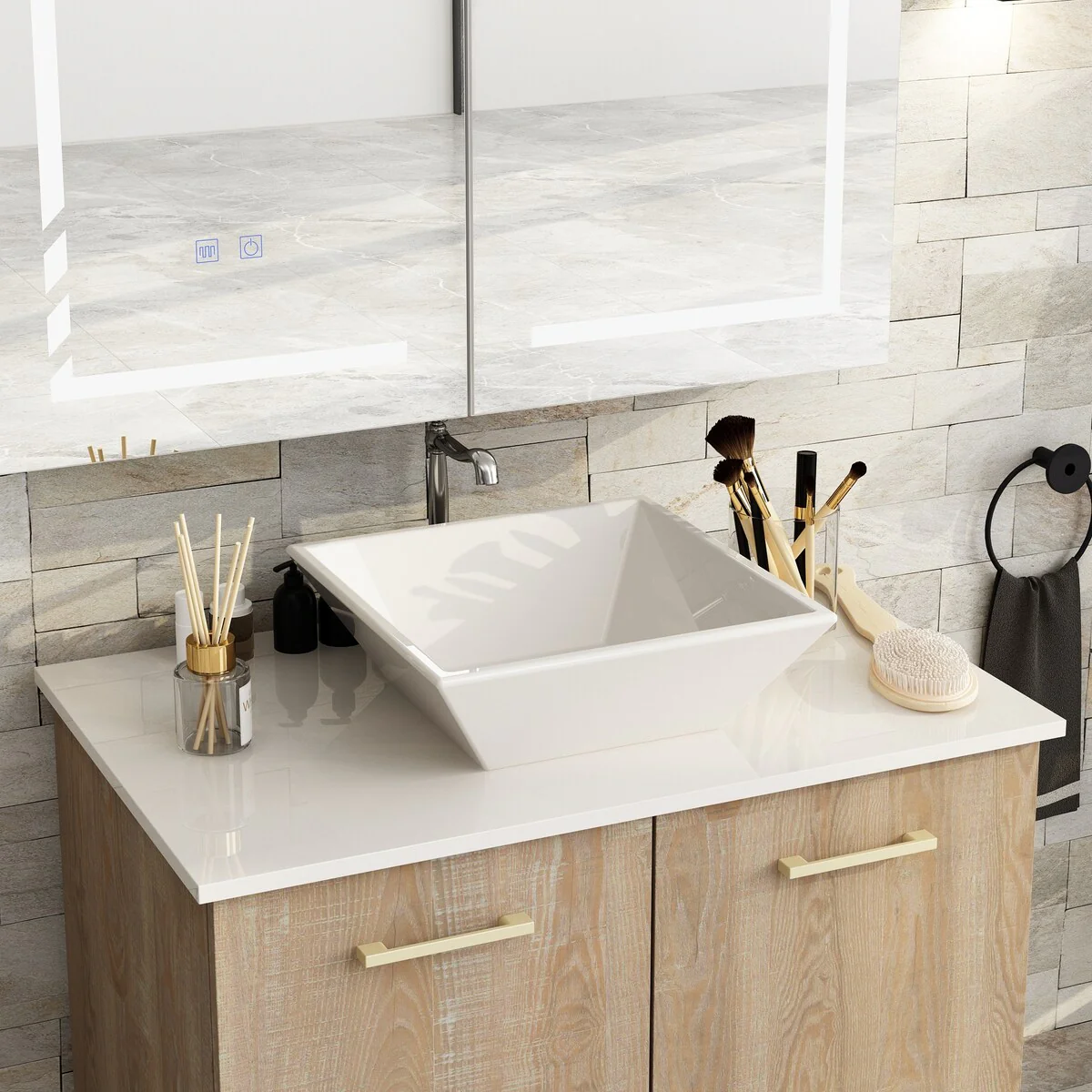 Bathroom Vanity with Ceramic Basin and Modern Medicine Cabinet Combo