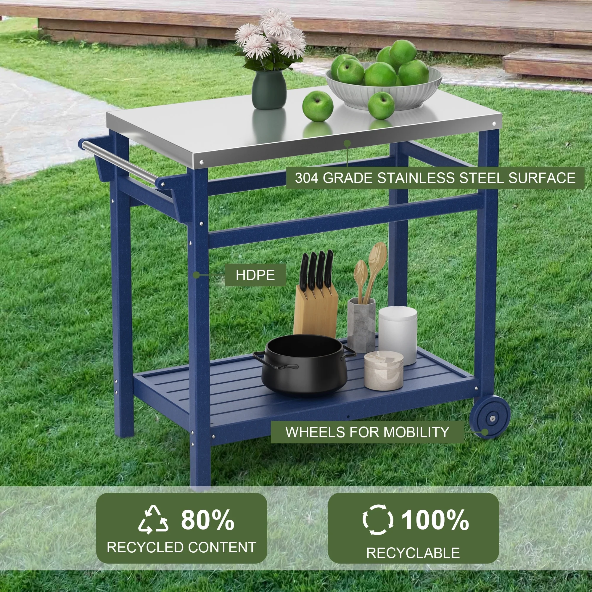 Outdoor Black Steel Movable Dining Cart Table for Patio Grilling