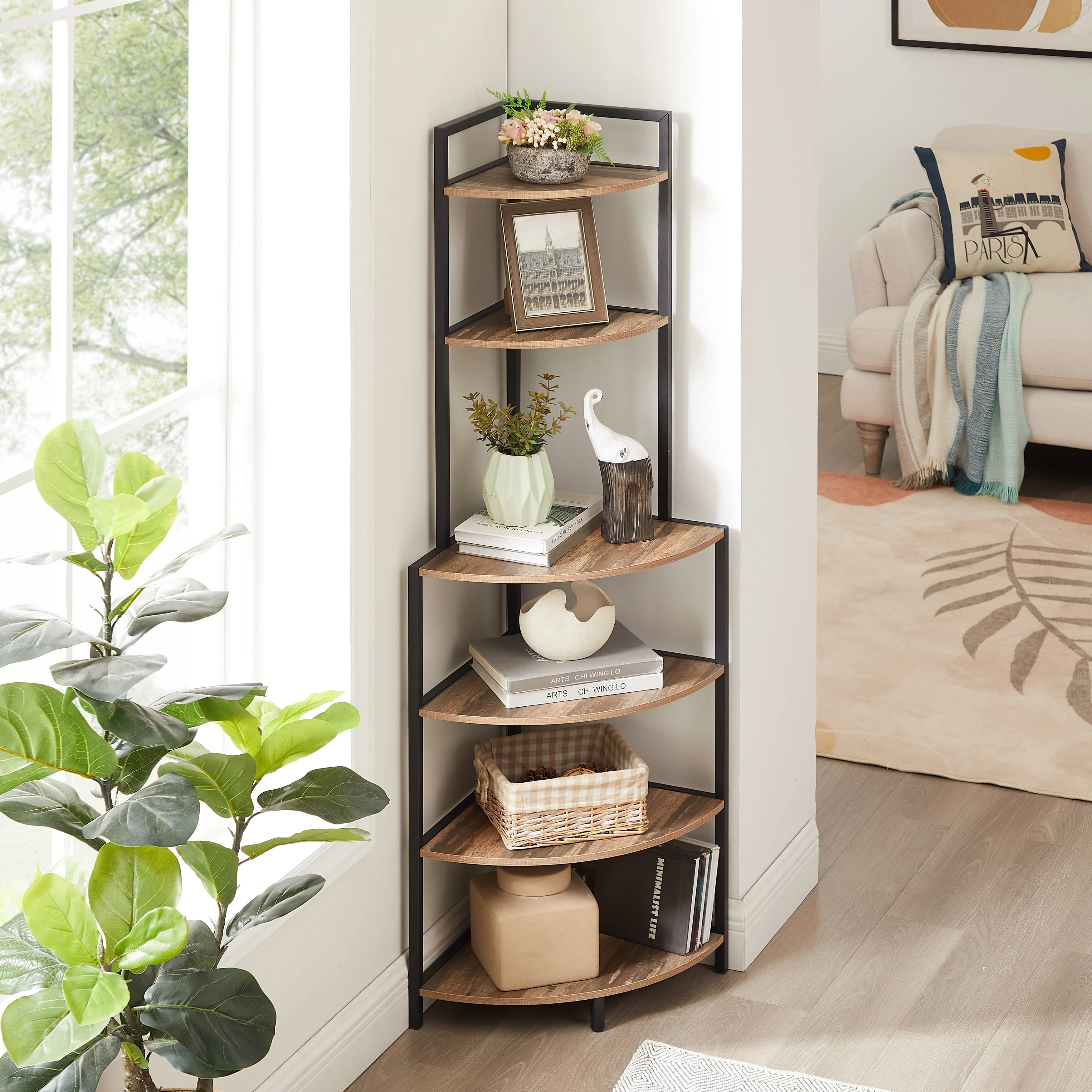 Modern Corner 6-Tier Open Shelf Wood Bookcase