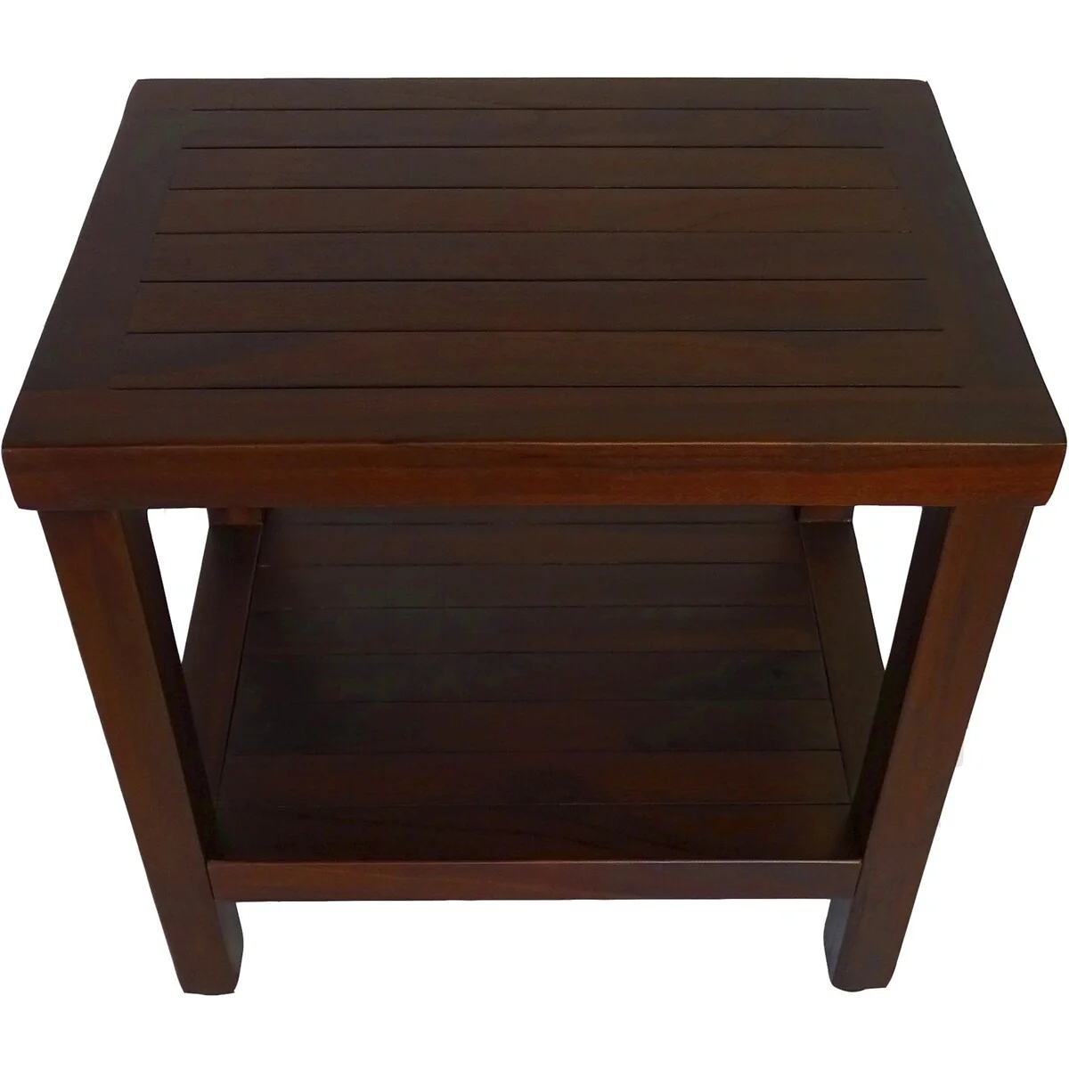 Compact Rectangular Teak Shower / Outdoor Bench with Shelf in Brown Finish