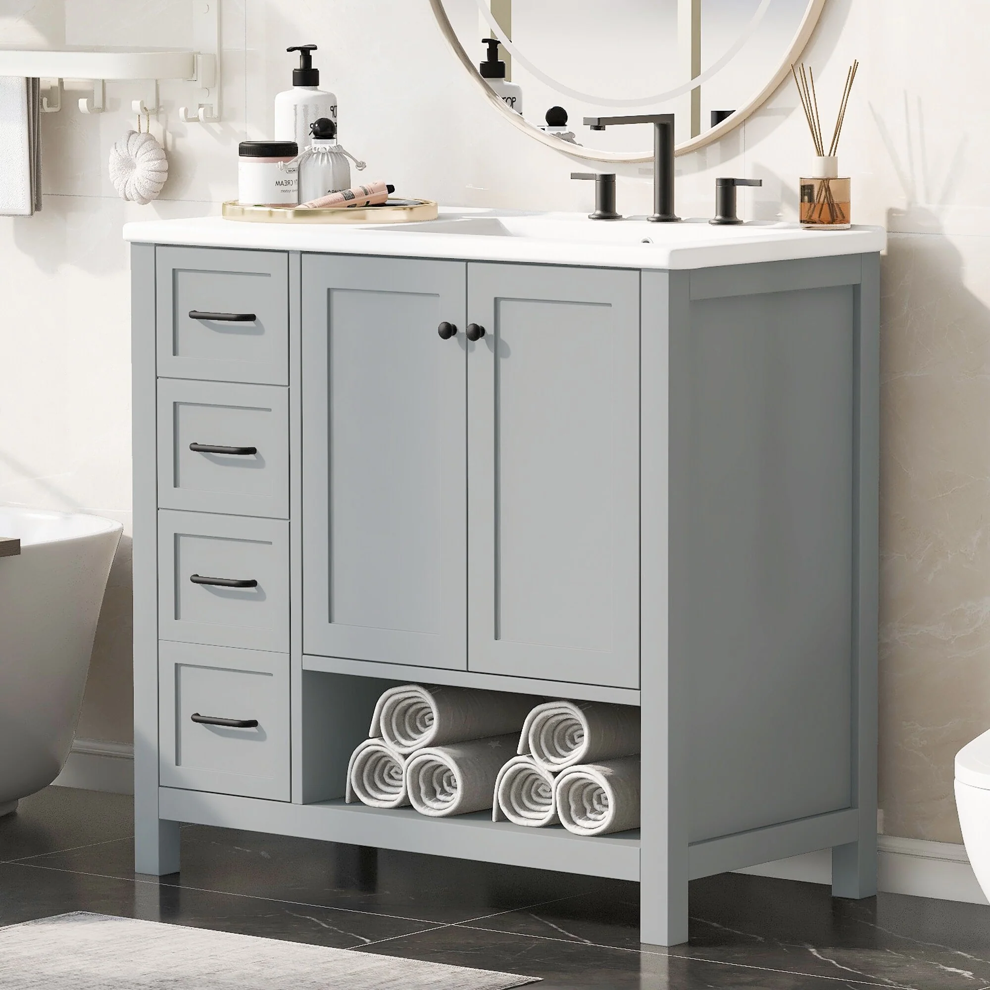 Bathroom Vanity with Ceramic Sink, Bathroom Storage Cabinet with 2 Drawers, Bathroom Vanity with 1 Tip-Out Drawer and 1 Door