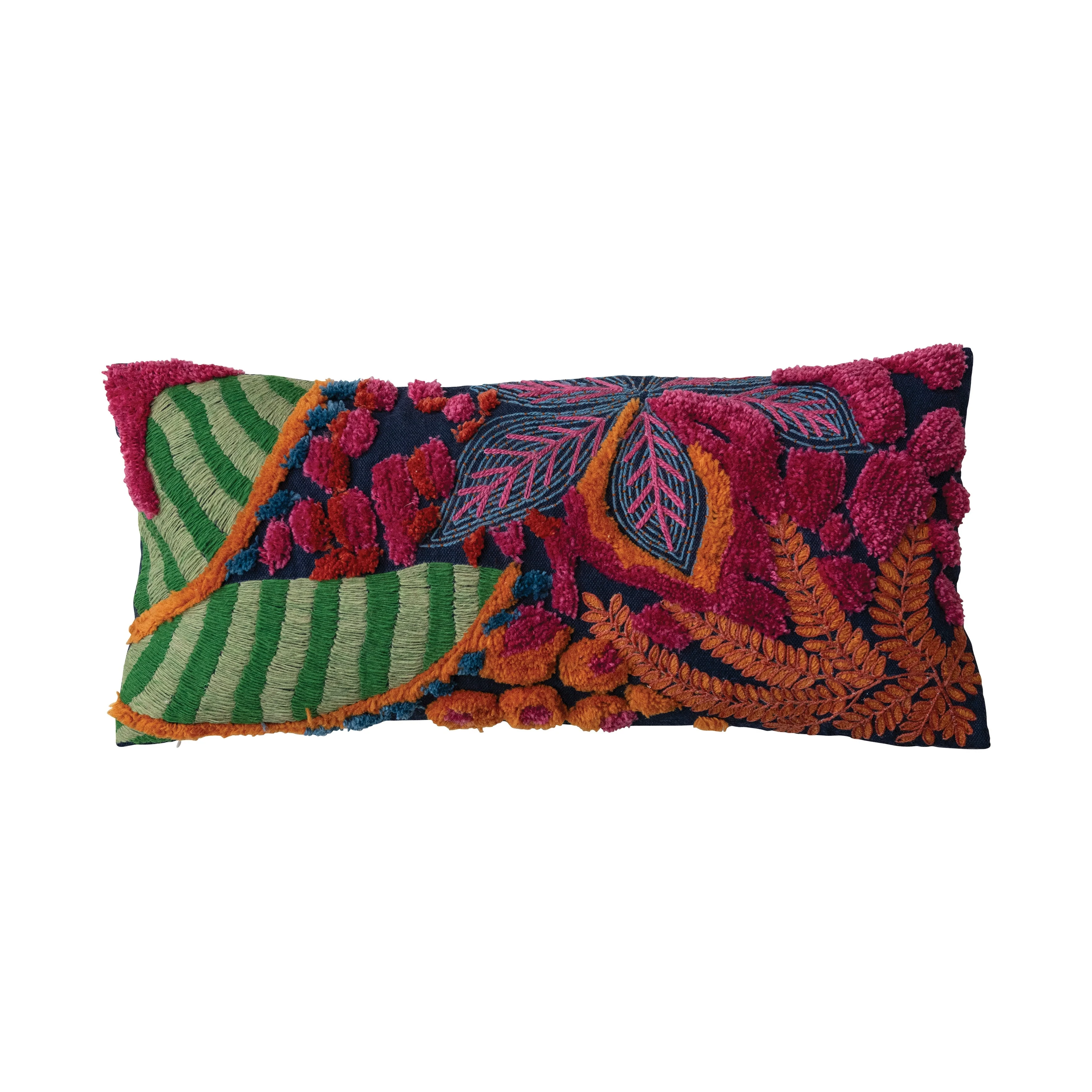 Embroidered Fabric Indoor/Outdoor Lumbar Pillow with Tufting - 27.0