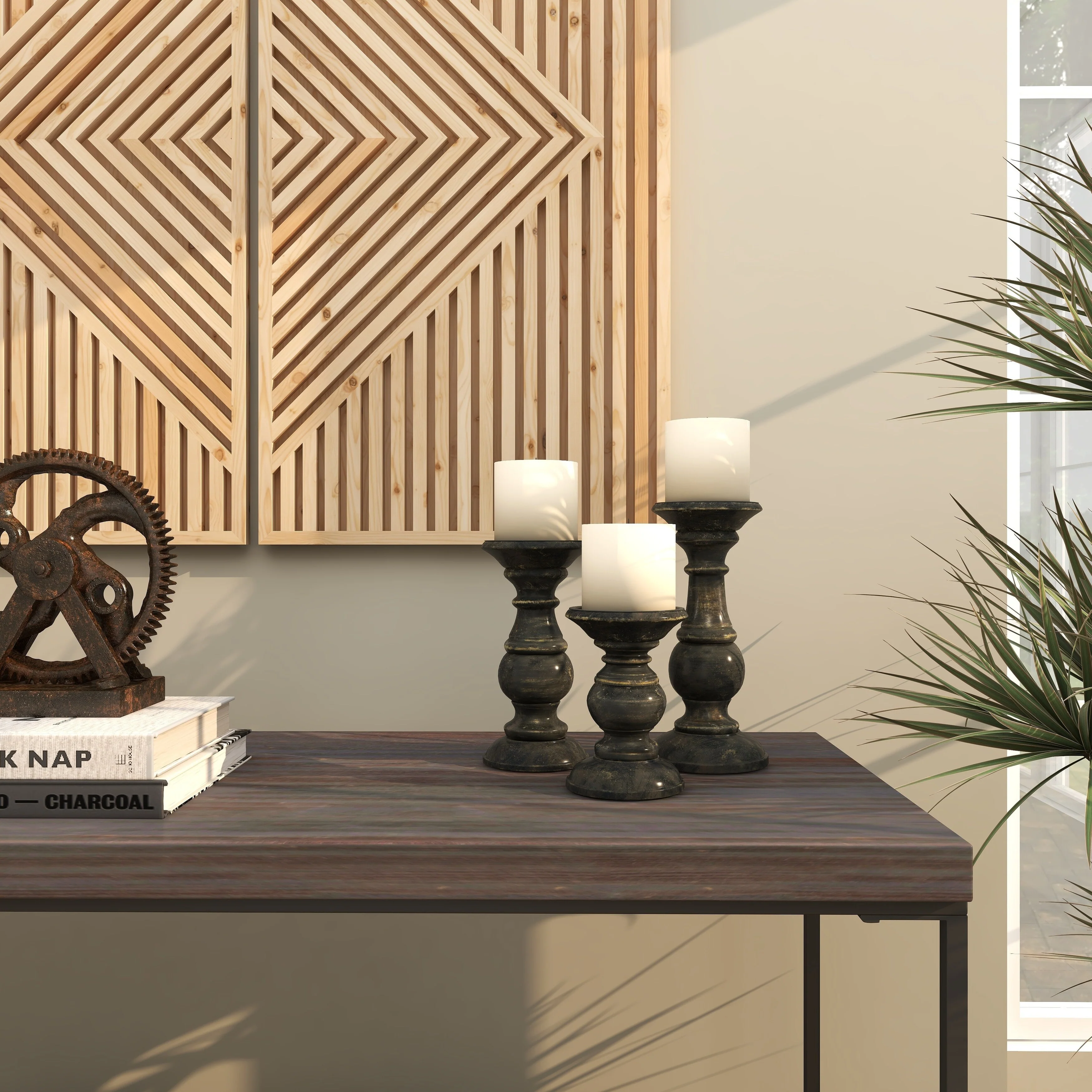 Mango Wood Turned Style Pillar Candle Holder (Set of 3) - White, Brown, Gold, Black, Light Blue, Cream, Silver