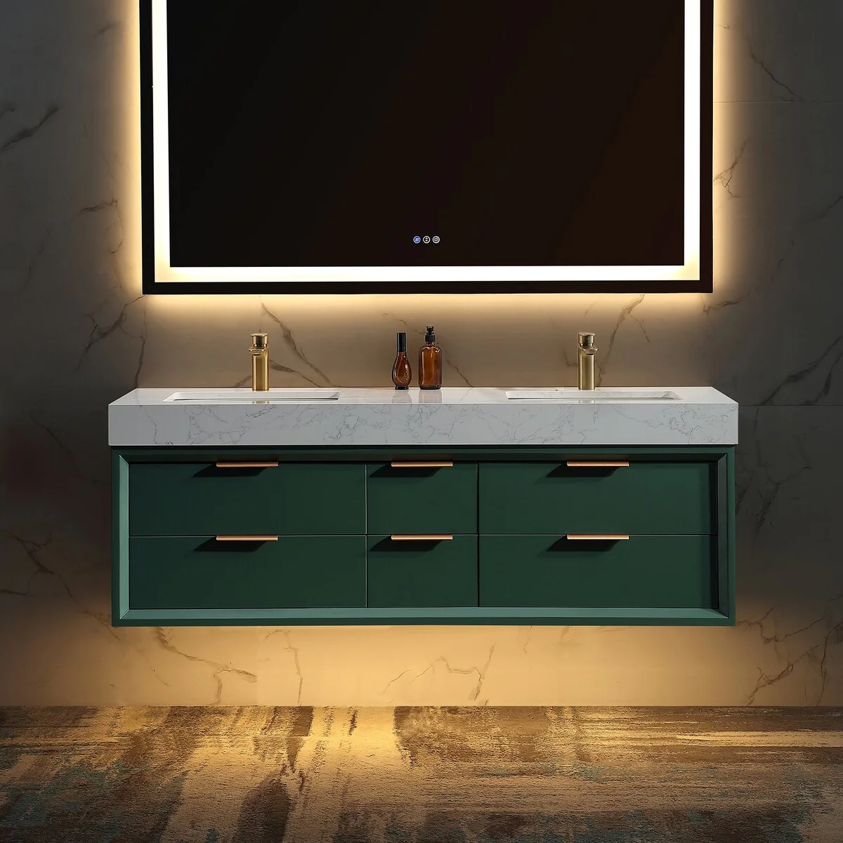 60 Inch Solid Wood Frame Wall-Mounted Bathroom Vanity Set with Double Ceramic Basin