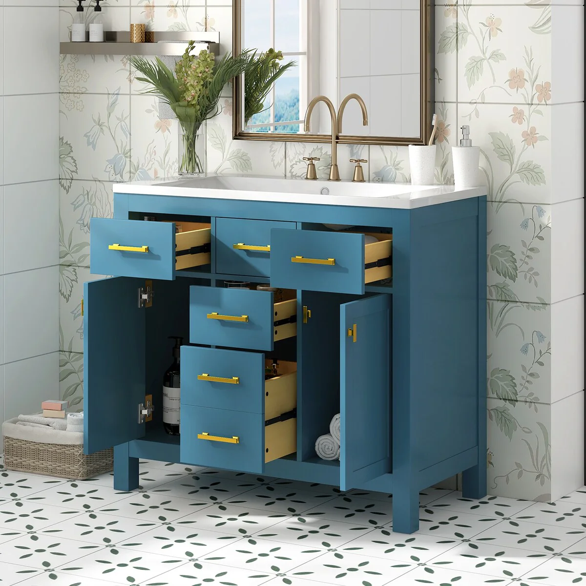 36 in. W x 18 in. D x 34 in. H Bathroom Vanity in Blue with White Resin Sink and Four Drawers