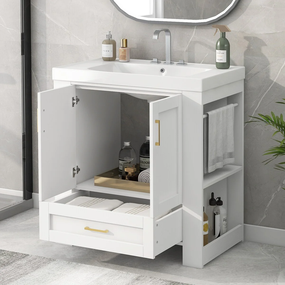 30 in. W x 18.1 in. D x 31.5 in. H Bath Vanity with White Resin Sink and Double-sided Storage Shelf
