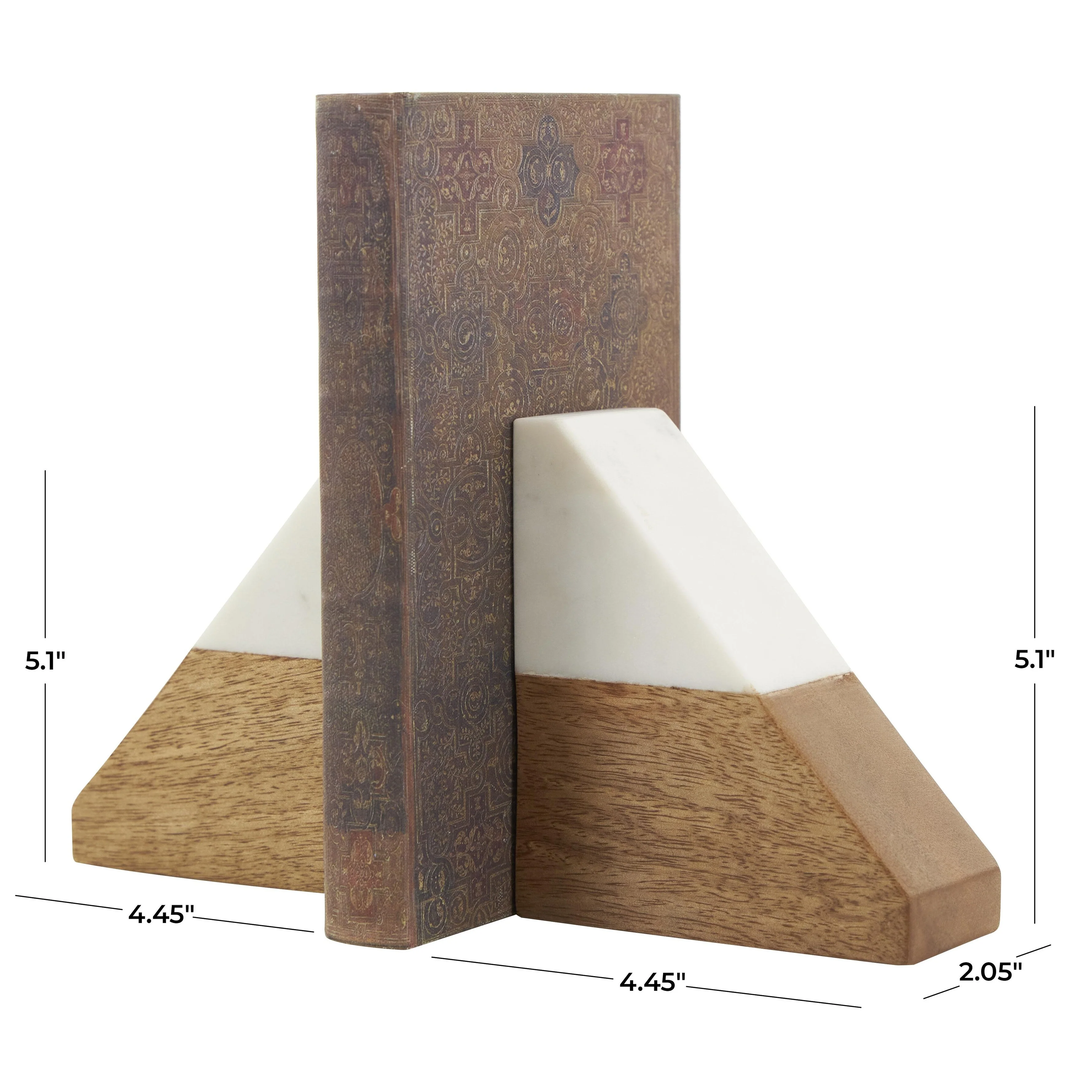 Mango Wood Geometric Triangle 3 lbs Decorative Bookends with White Marble Tops - Set of 2 Brown - Roche River Decor