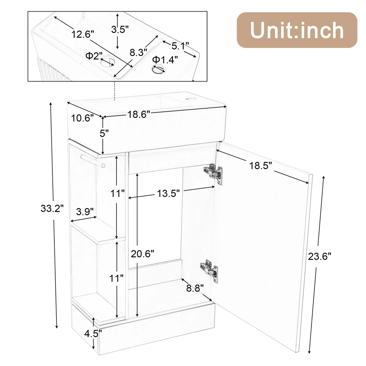 18.6 in. W x 10.6 in. D x 33.2 in. H Bathroom Vanity with Sink and Two-tier Shelves
