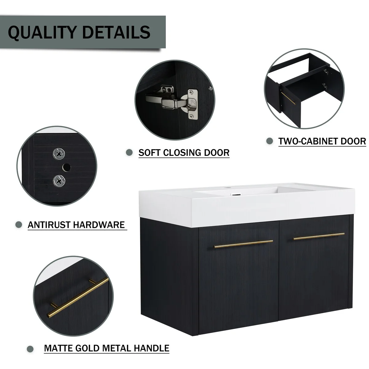 Bathroom Vanity With Sink In 24/30/36 Inch, Floating Bathroom Vanity with Soft Close Door