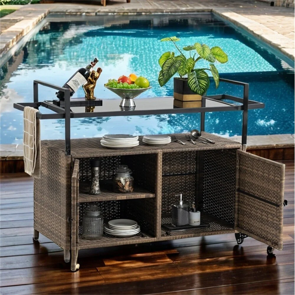 Outdoor Wicker Bar Cart,Patio Wine Serving Cart w/Wheels, Rolling