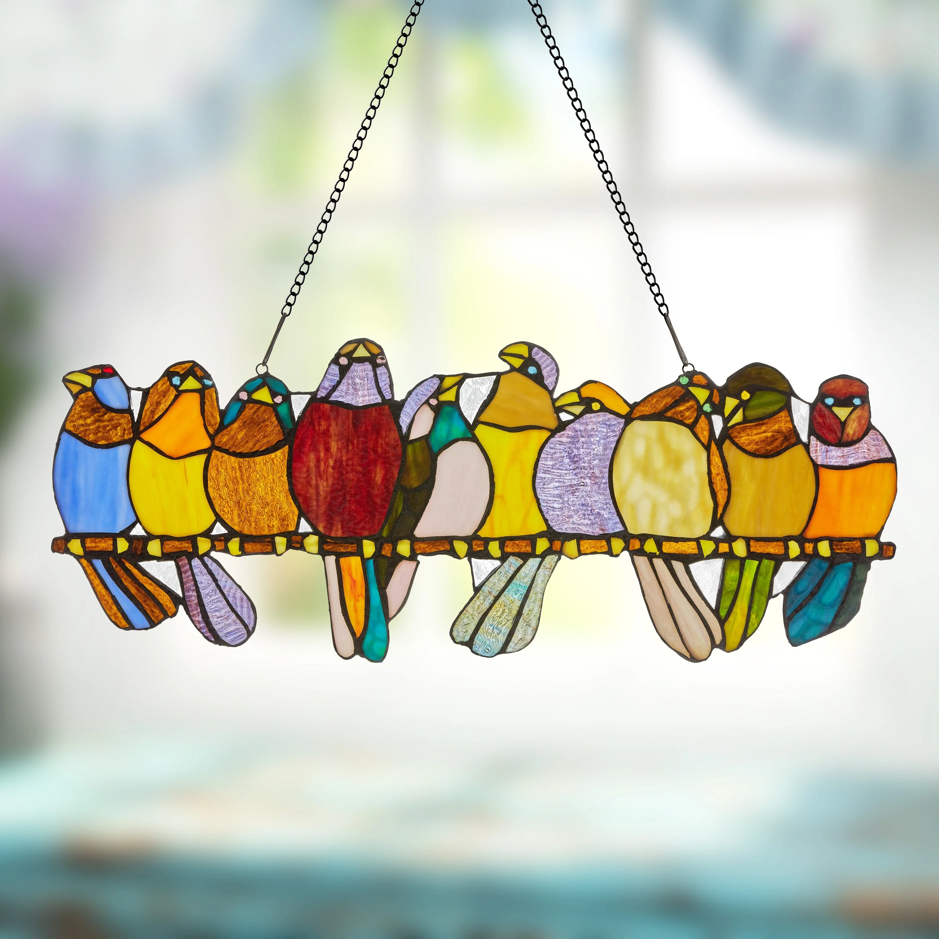 River of Goods Stained Glass Birds on Wire 9.25-in. Window Panel - 24.25