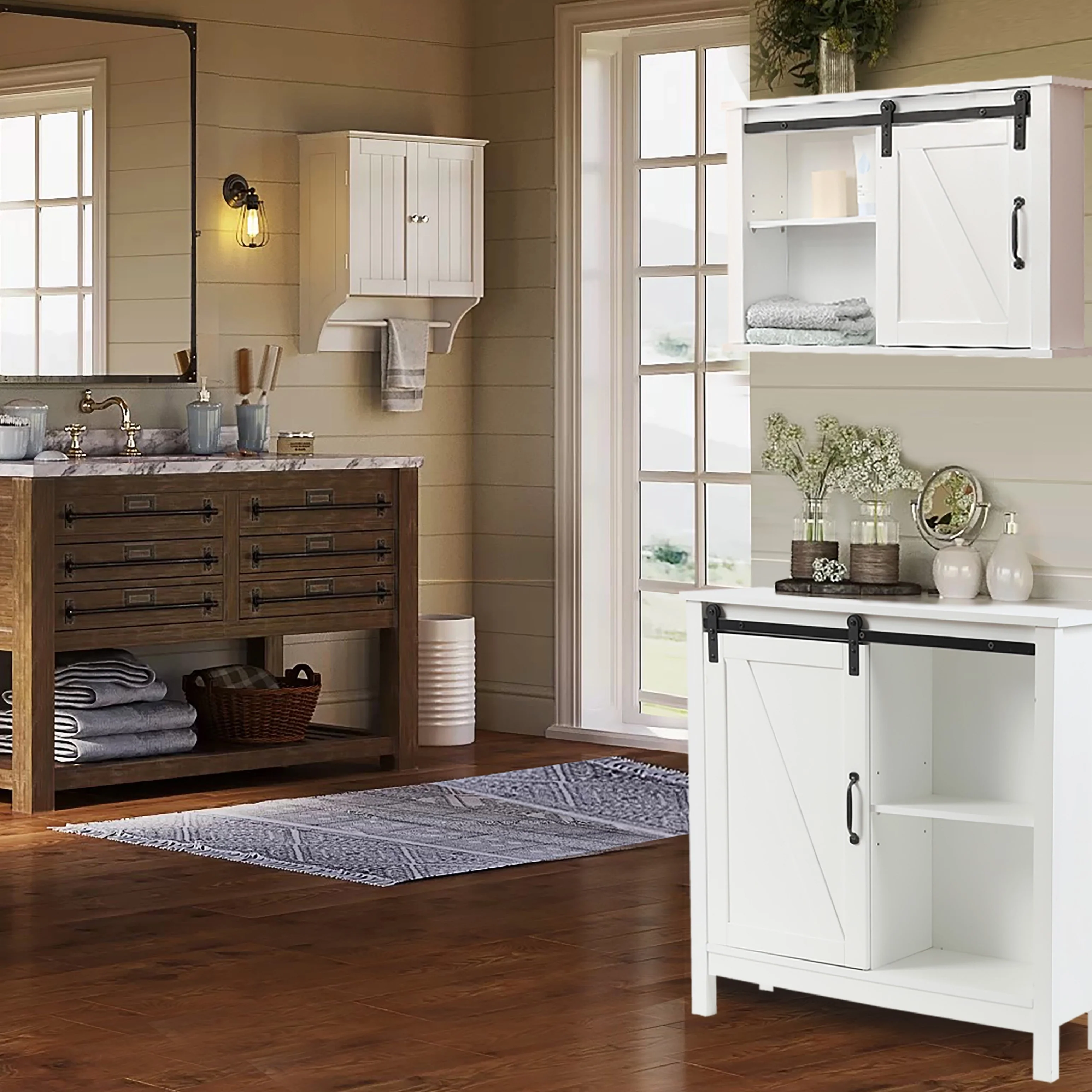 Farmhouse White MDF Wood Bathroom Storage Cabinet