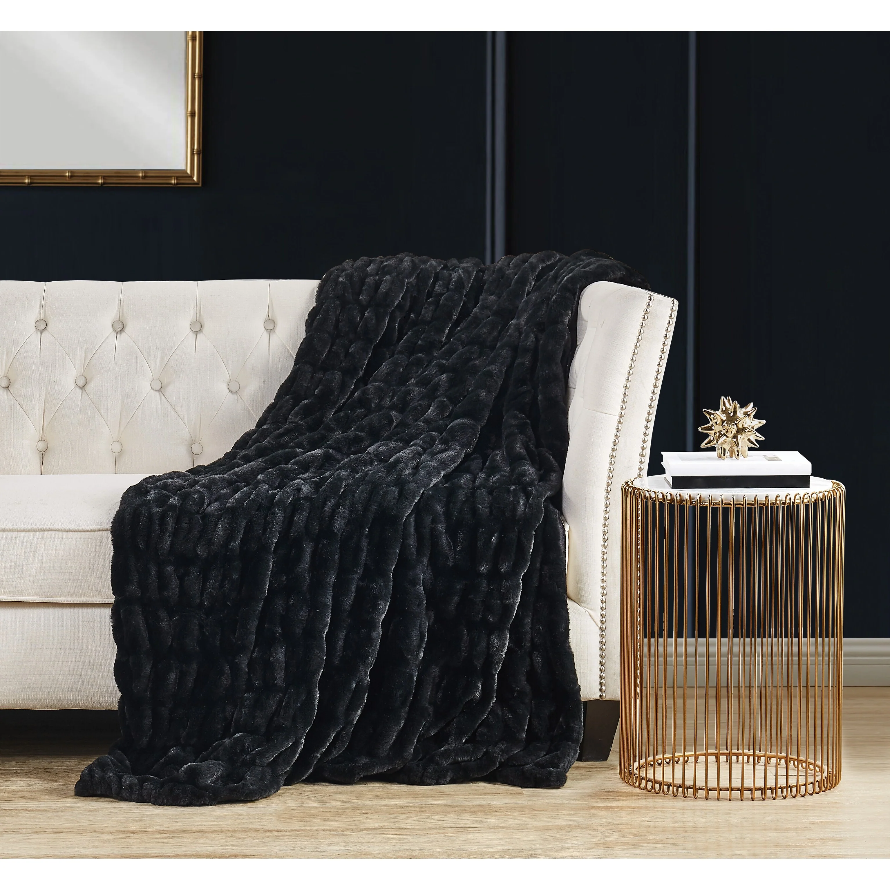 Badgley Mischka Home Ruched Faux Rabbit Fur 50x70 Throw in Gift Box