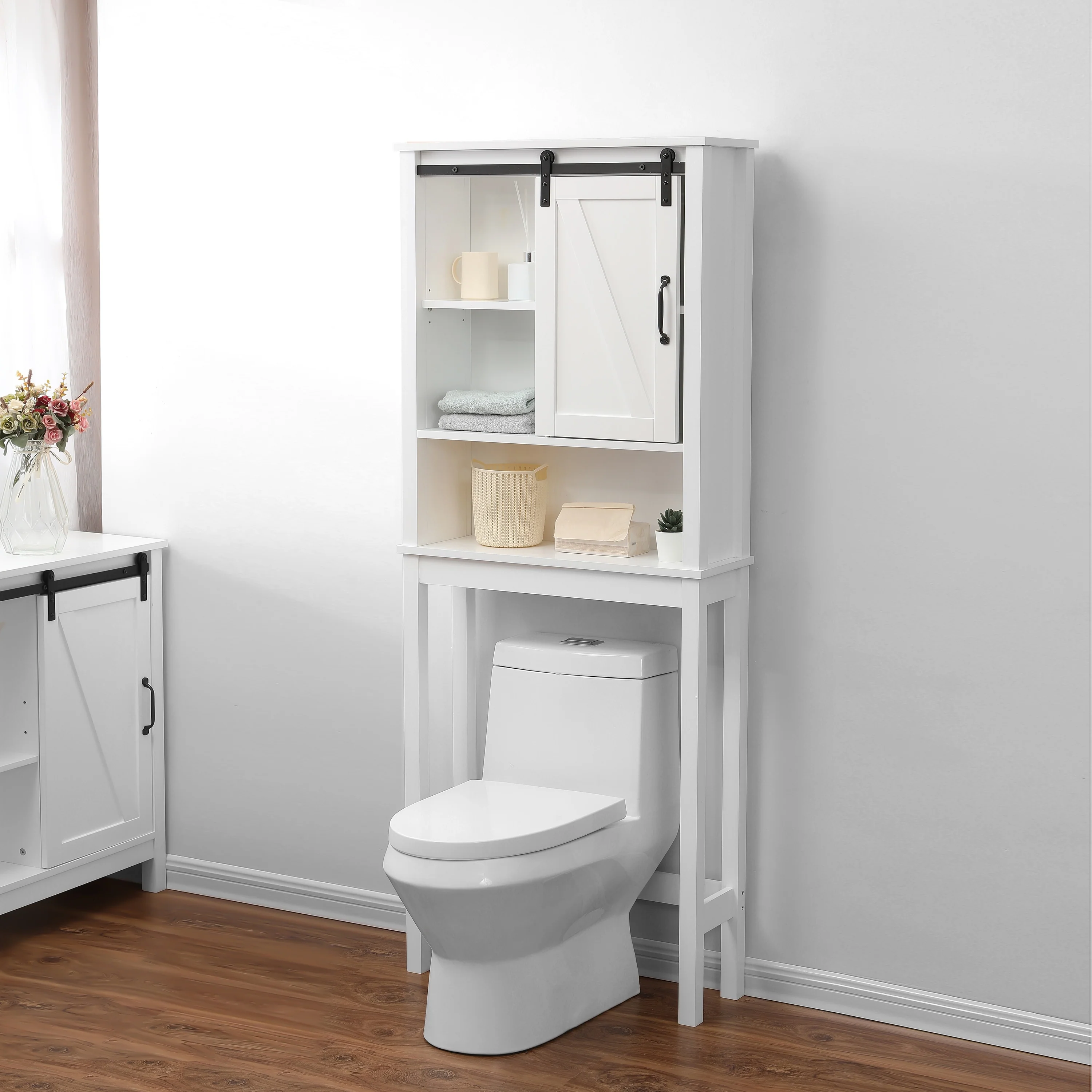 Farmhouse White MDF Wood Over-the-Toilet Space Saver Bathroom Cabinet