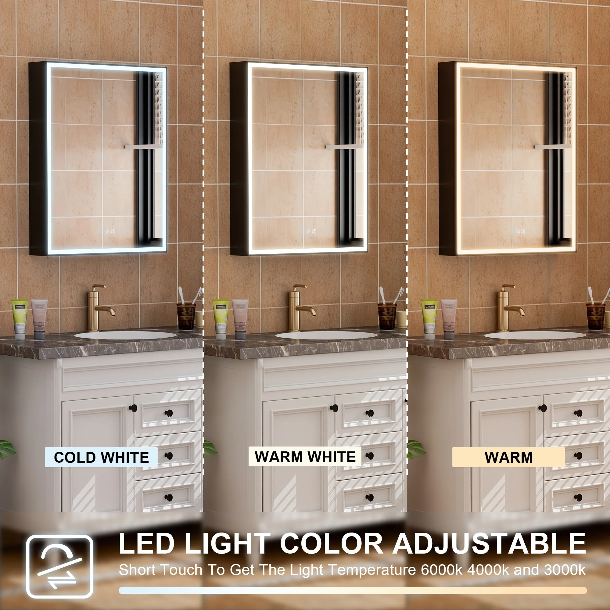 30'' H Recessed Or Surface Wall Mounted LED Mirror Cabinet With Mirror And Adjustable Shelves,Black Frame