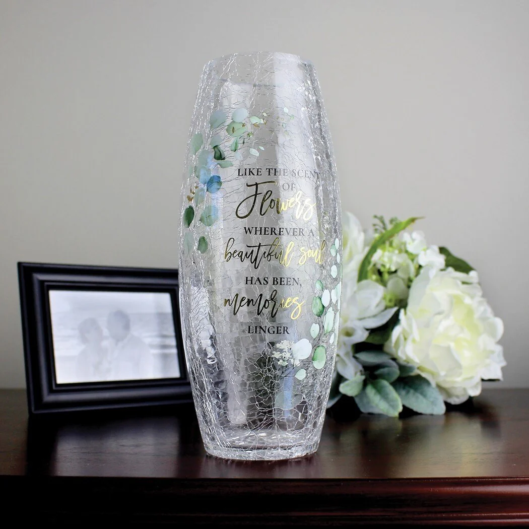 Curata Crackle Glass Memorial Flower Vase with Sympathy Verse