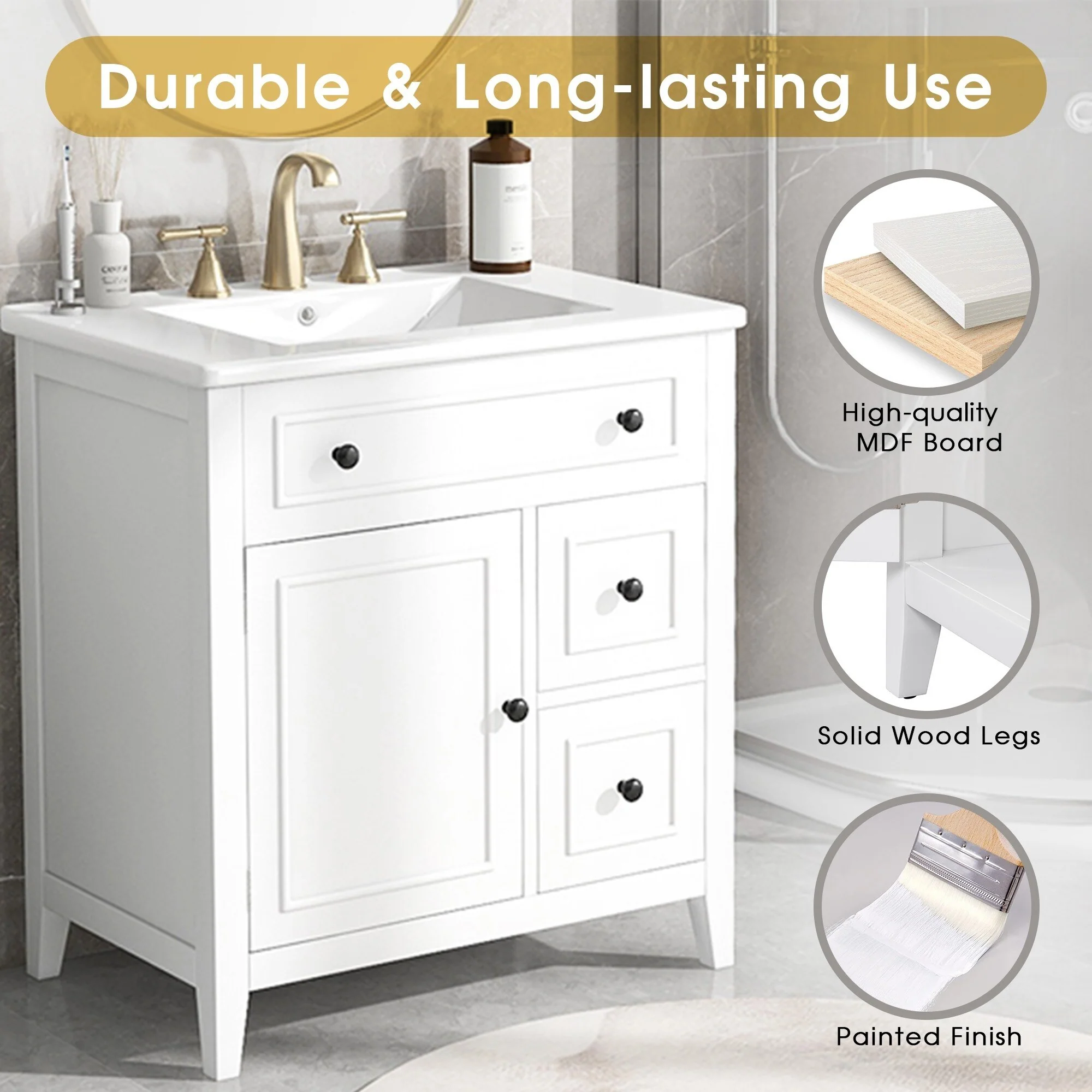 30'' Solid Wood Bathroom Vanity with Cabinet, 2 Drawers, and Ceramic Sink