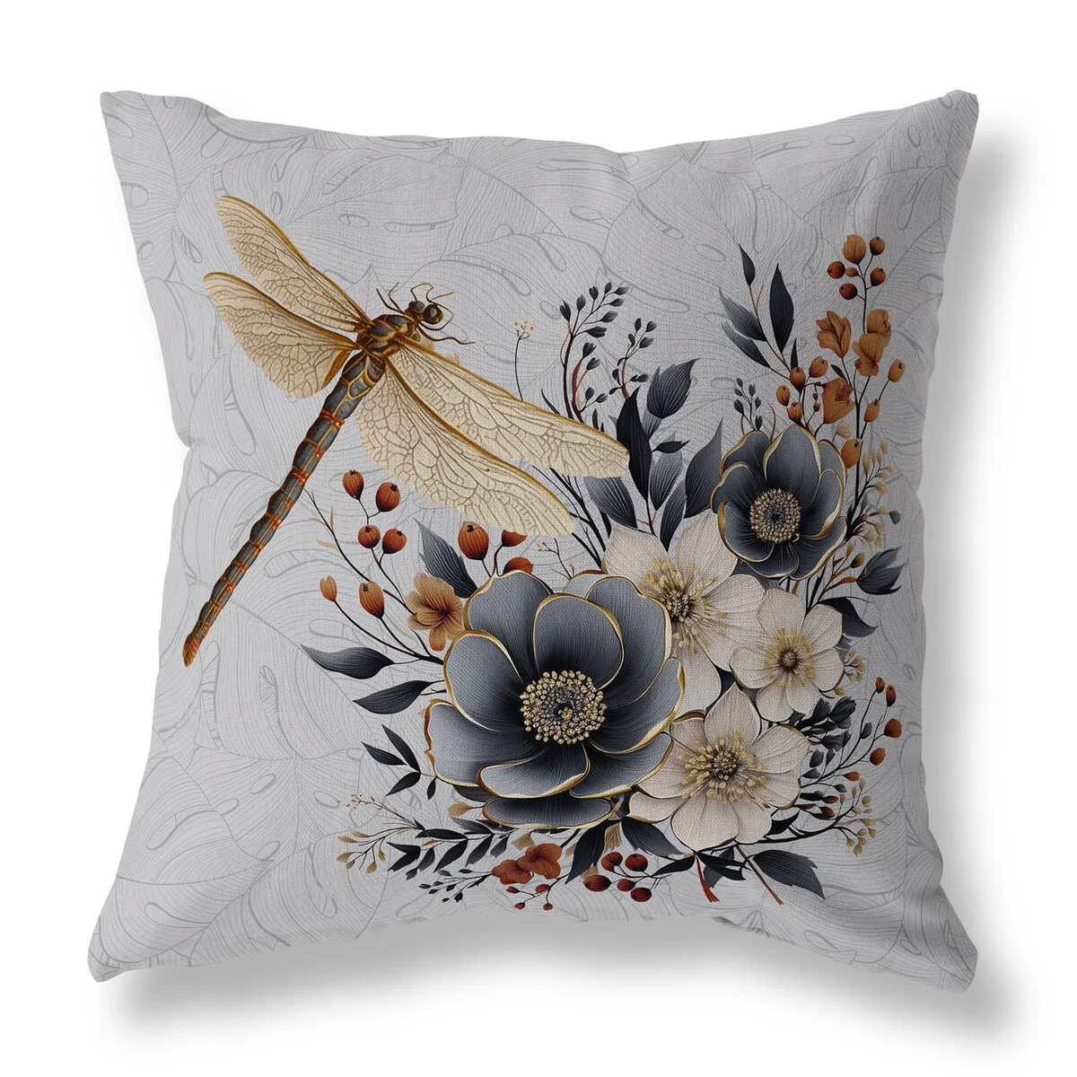 Gray And Orange Dragonfly Haven Indoor/Outdoor Throw Pillow Zipper