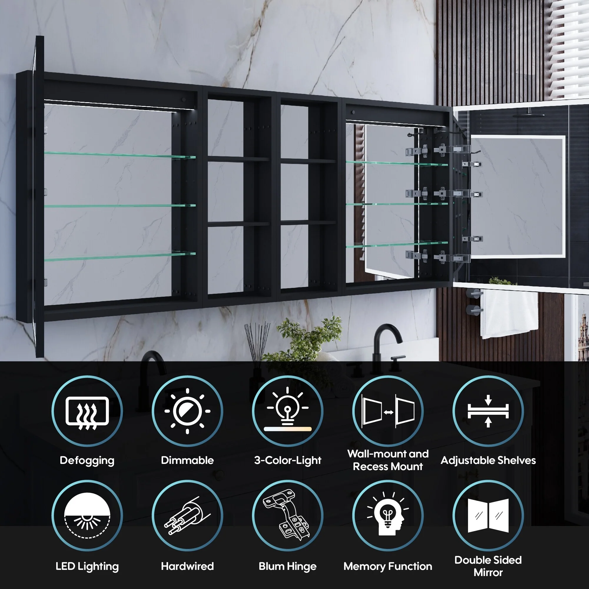 30 in. H Recessed or Surface Wall Mounted LED Mirror Cabinet With Black Side Cabinet