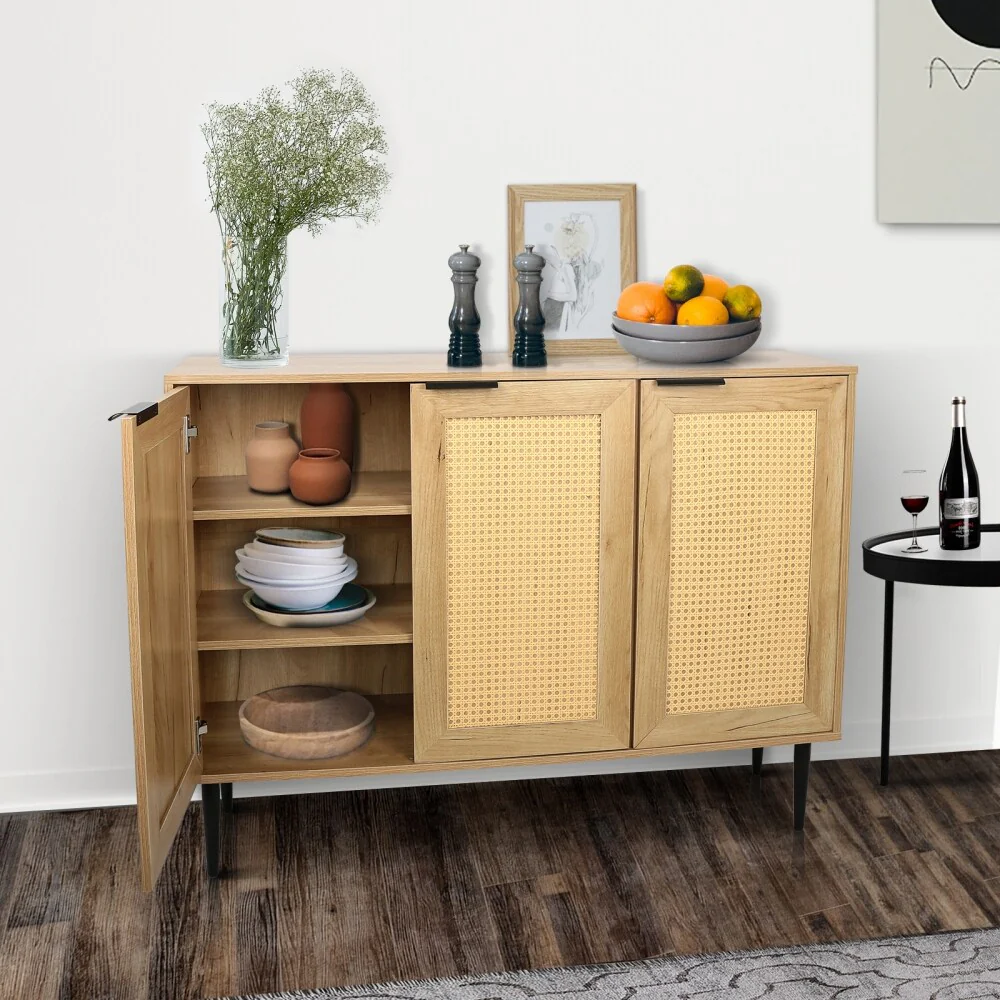 47.24 '' Wooden Storage Cabinet with 3 Rattan Doors and 3 Shelves