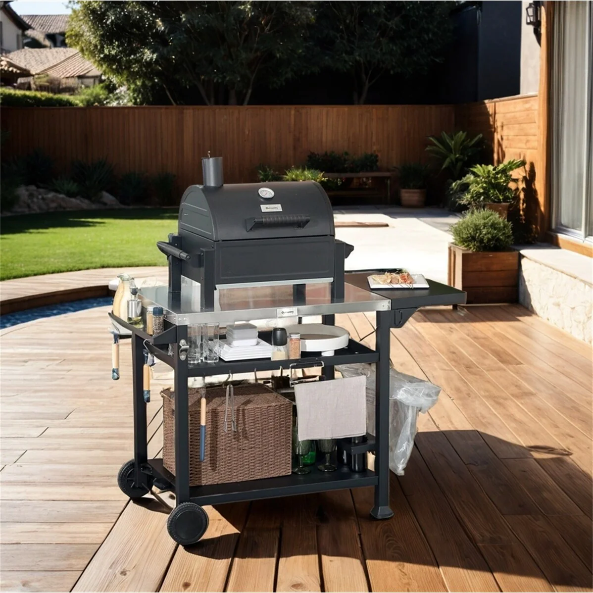 Outsunny Outdoor Grill Cart with Foldable Side Table,Pizza Oven Stand
