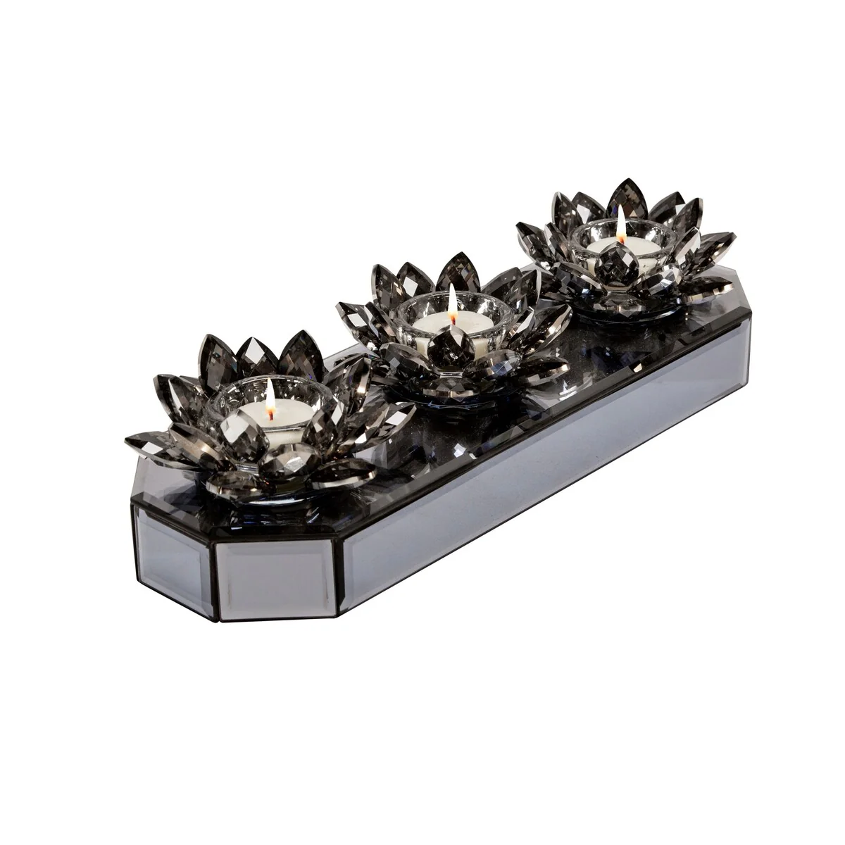 Cut Glass Crystal Lotus 3-Candle Holder on Mirrored Base - 13