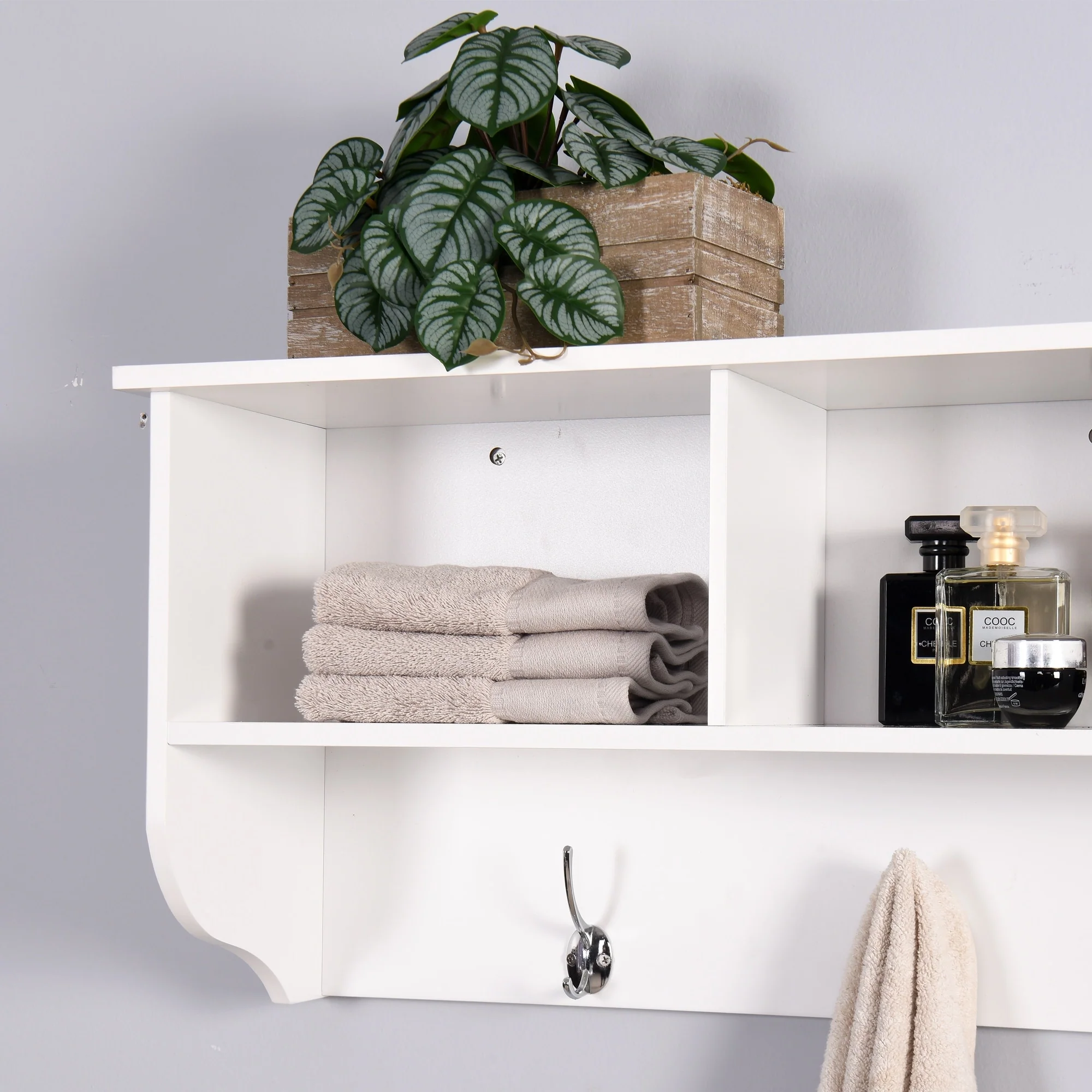 White Wall Mounted Cubby Shelf with 4 Dual Hooks